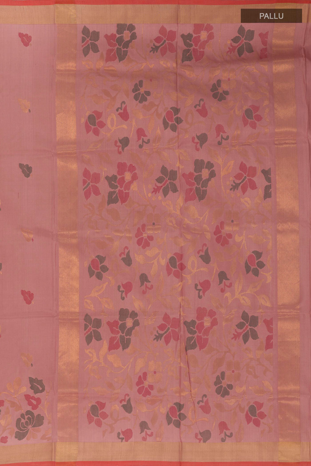 Close up image of the pallu of Imperial Pink Uppada Silk Saree with Zari Butta on the body and Zari Border. 