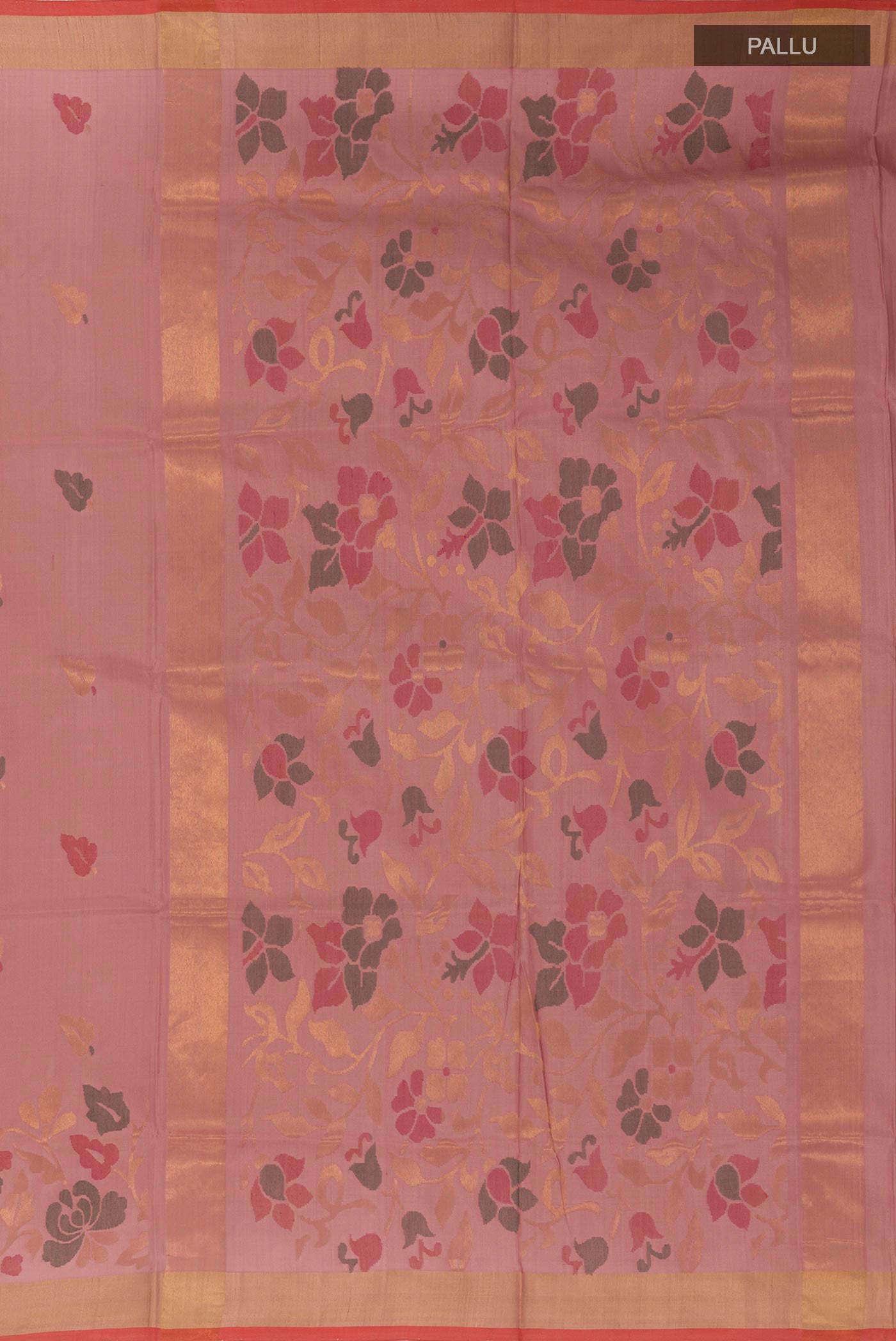 Close up image of the pallu of Imperial Pink Uppada Silk Saree with Zari Butta on the body and Zari Border. 