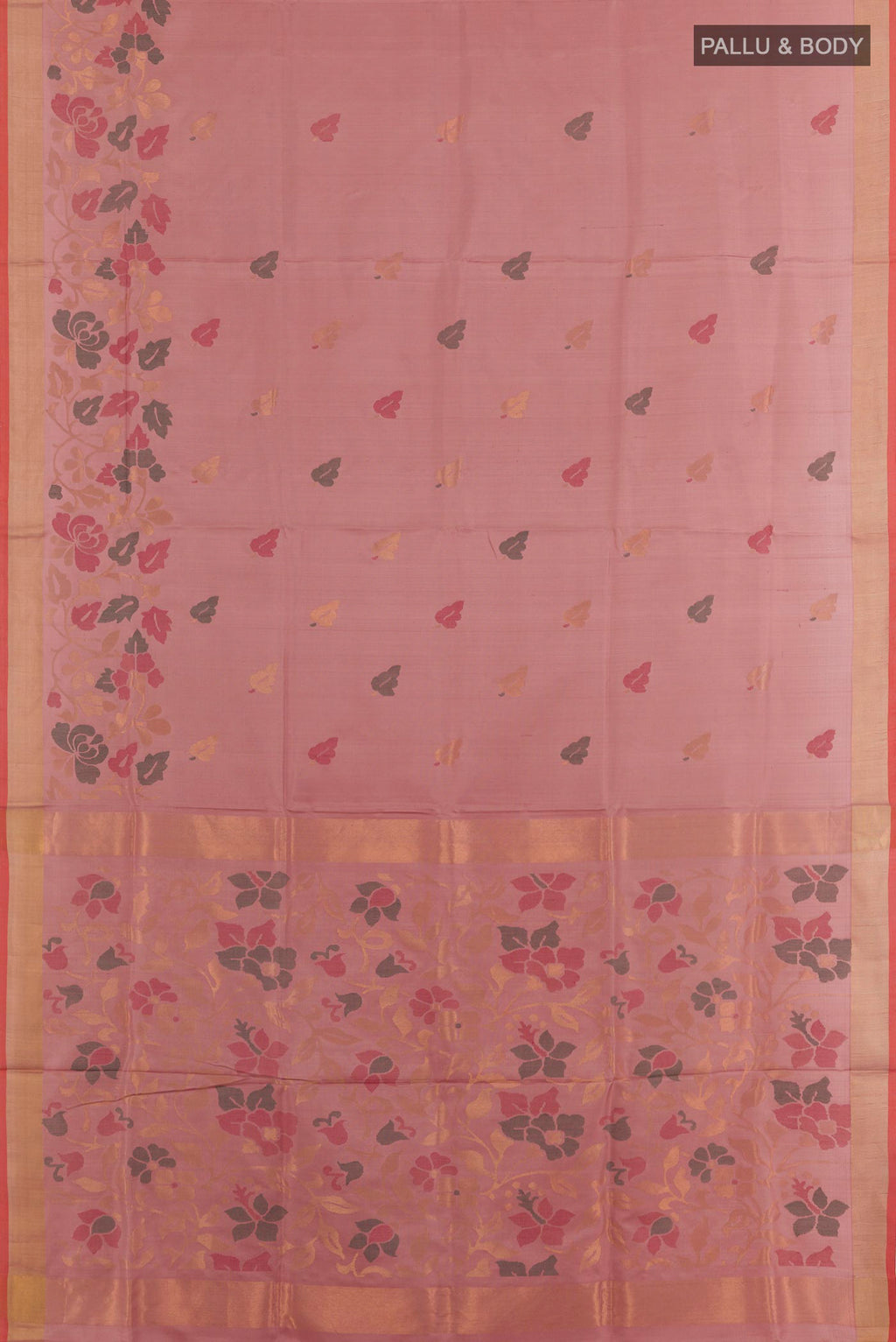 Flat view of Imperial Pink Uppada Silk Saree with Zari Butta on the body and Zari Border. 