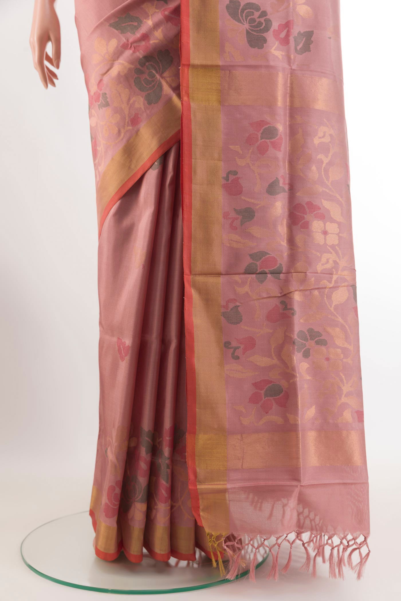 Pleats and pallu of Imperial Pink Uppada Silk Saree with Zari Butta on the body and Zari Border. 