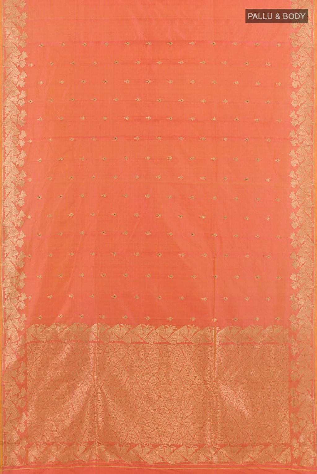 Flat view of Peach Banarasi Katan Silk Saree with Zari Butta on the body and Zari Border. 