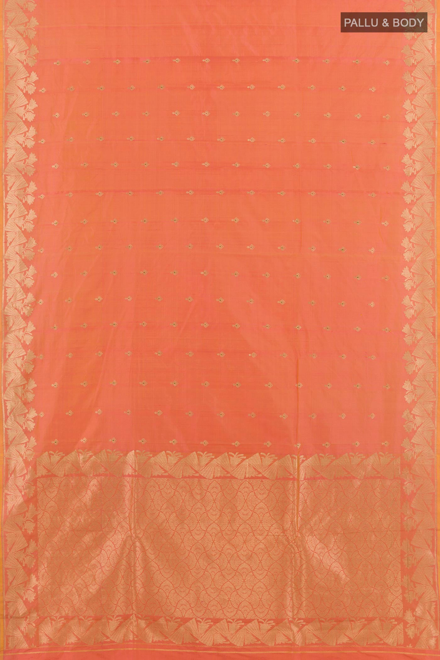 Flat view of Peach Banarasi Katan Silk Saree with Zari Butta on the body and Zari Border. 
