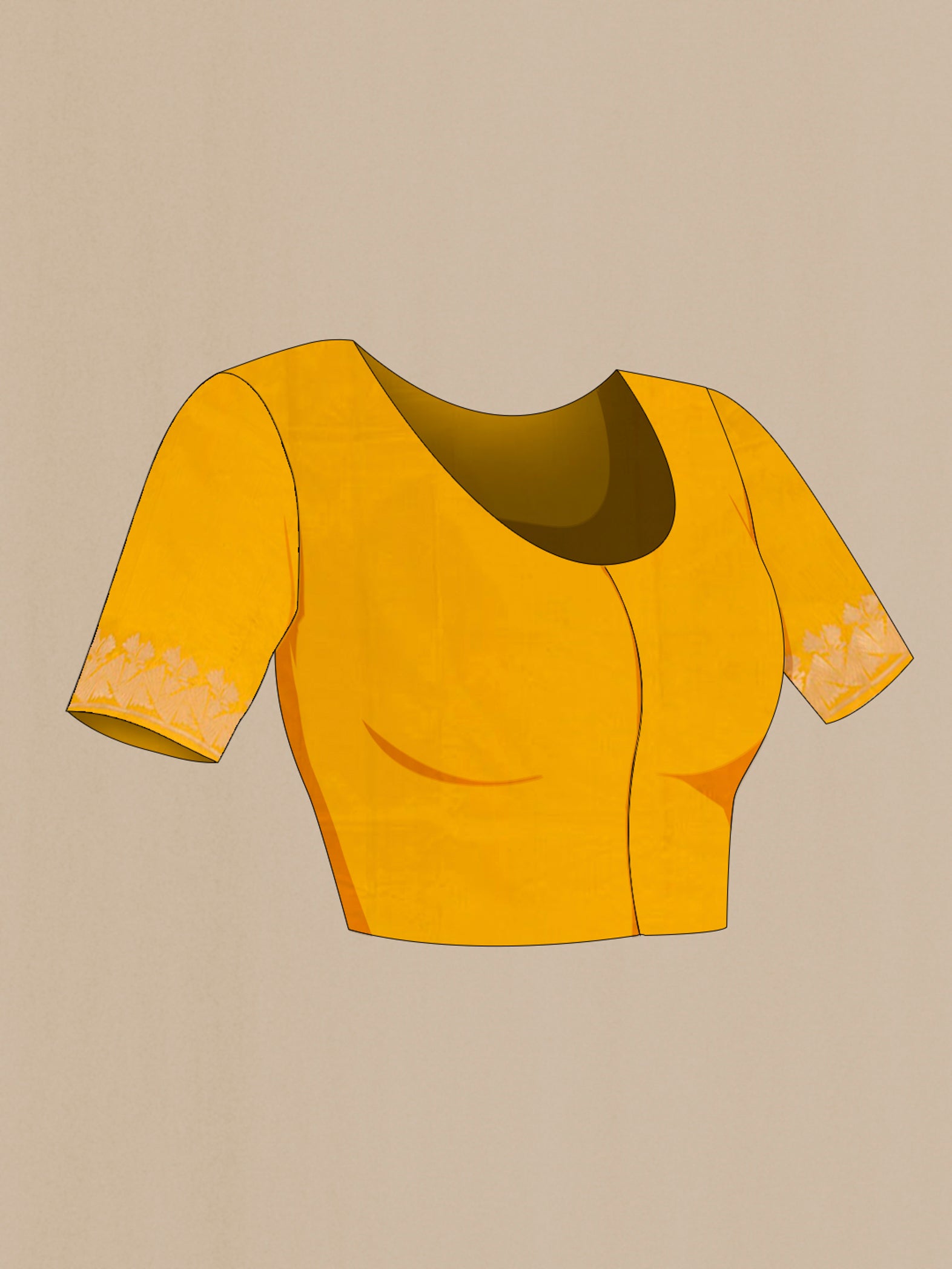 Close up image of the blouse of Yellow Banarasi Katan Silk Saree with Zari Butta on the body and Zari Border. 