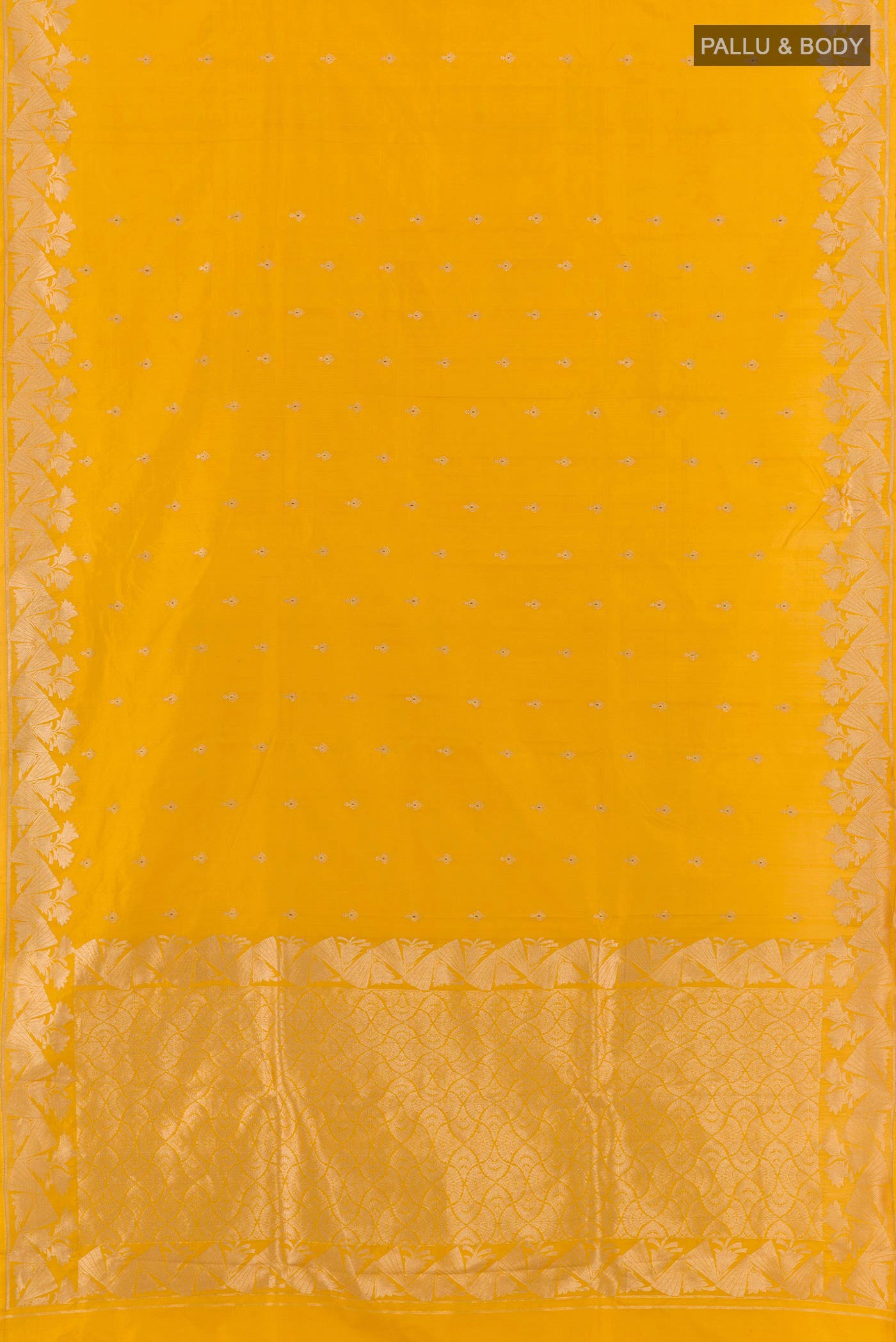 Flat view of Yellow Banarasi Katan Silk Saree with Zari Butta on the body and Zari Border. 
