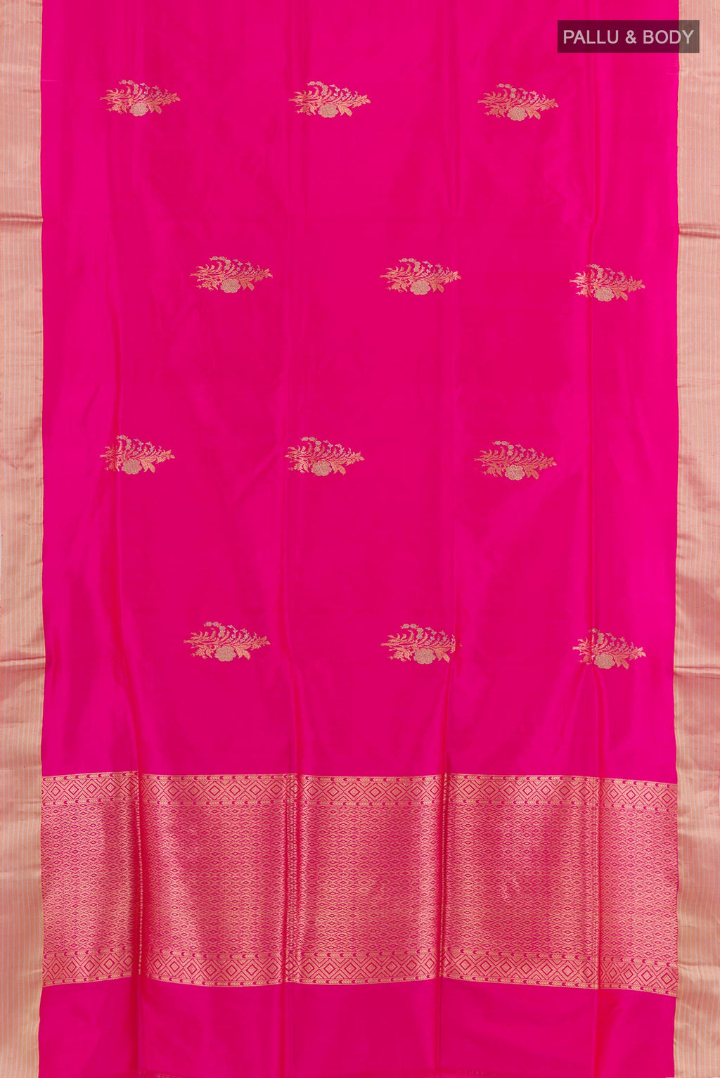 Flat view of Pink Banarasi Silk Saree with Zari Butta on the body and Zari Border. 