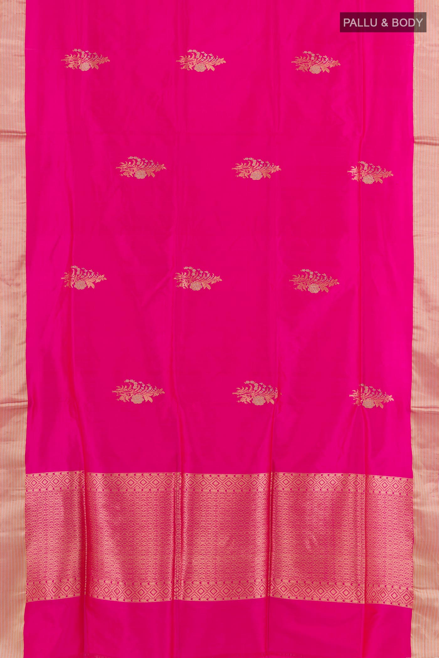 Flat view of Pink Banarasi Silk Saree with Zari Butta on the body and Zari Border. 