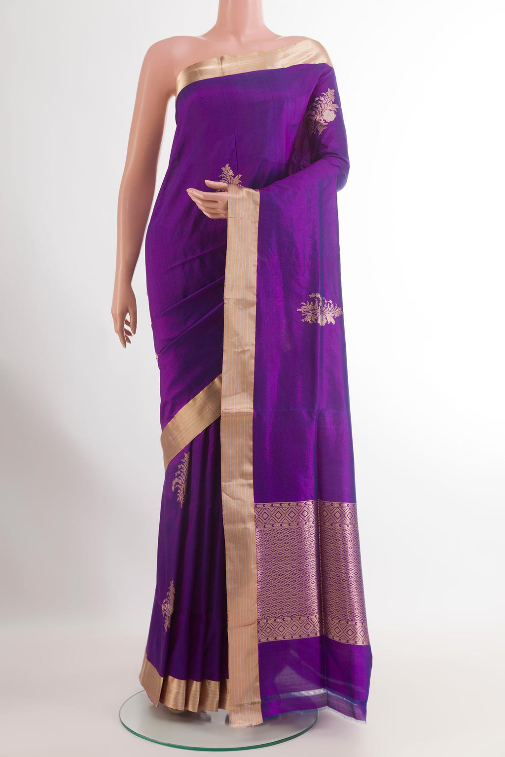 Purple Banarasi Silk Saree with Zari Butta on the body and Zari Border.  displayed on a mannequin