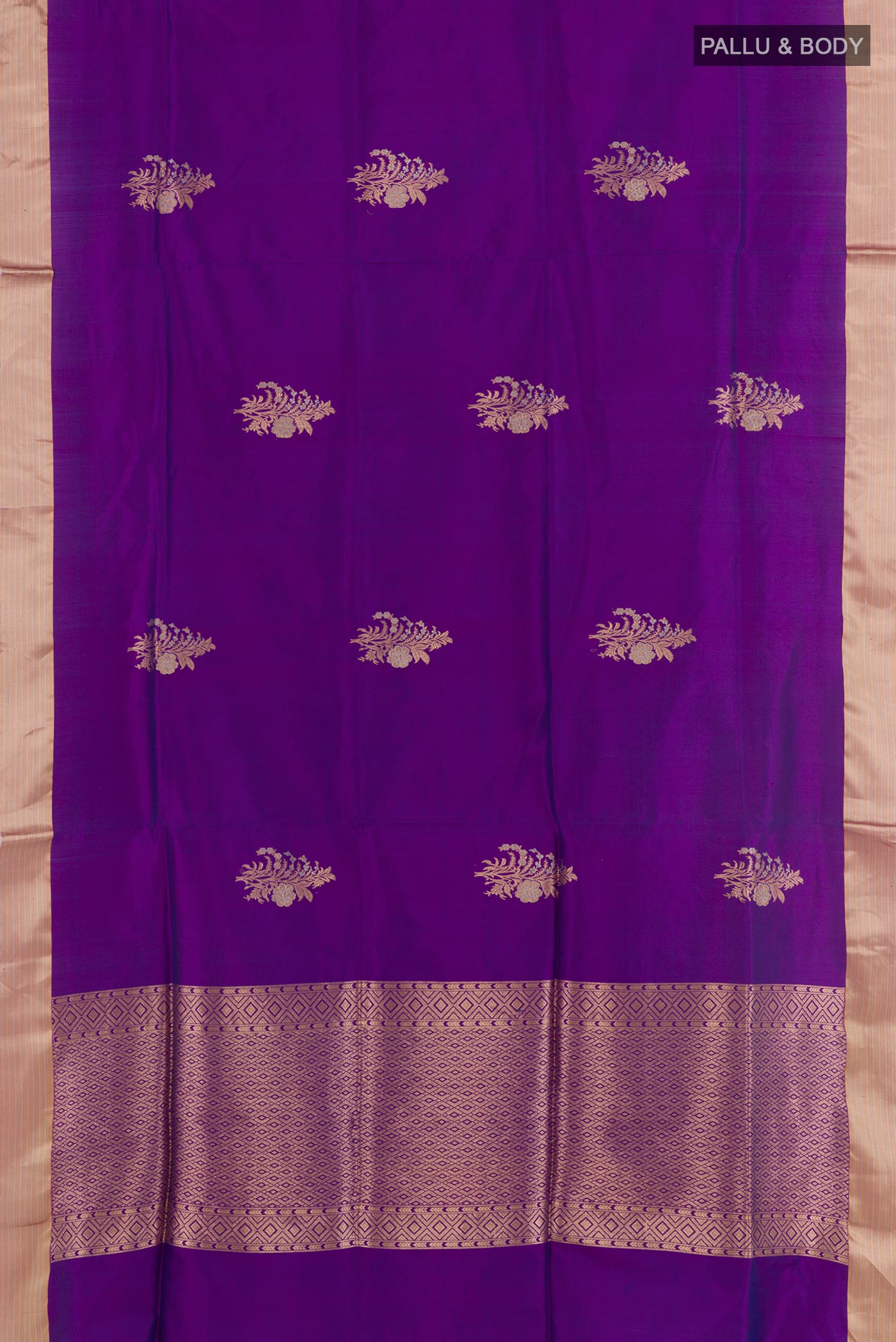 Flat view of Purple Banarasi Silk Saree with Zari Butta on the body and Zari Border. 