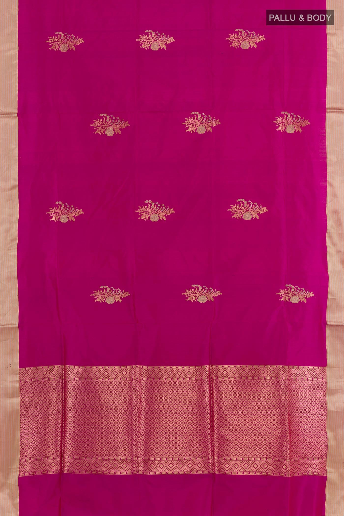 Flat view of Pink Banarasi Silk Saree with Zari Butta on the body and Zari Border. 
