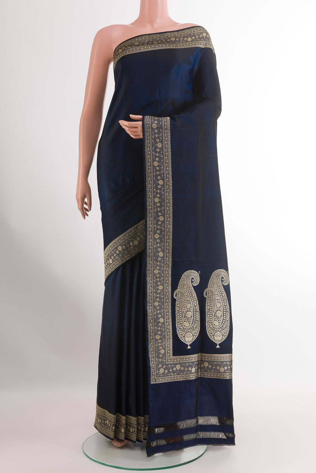 Dark Blue Banarasi Silk Saree with Plain Body and Zari Border.  displayed on a mannequin