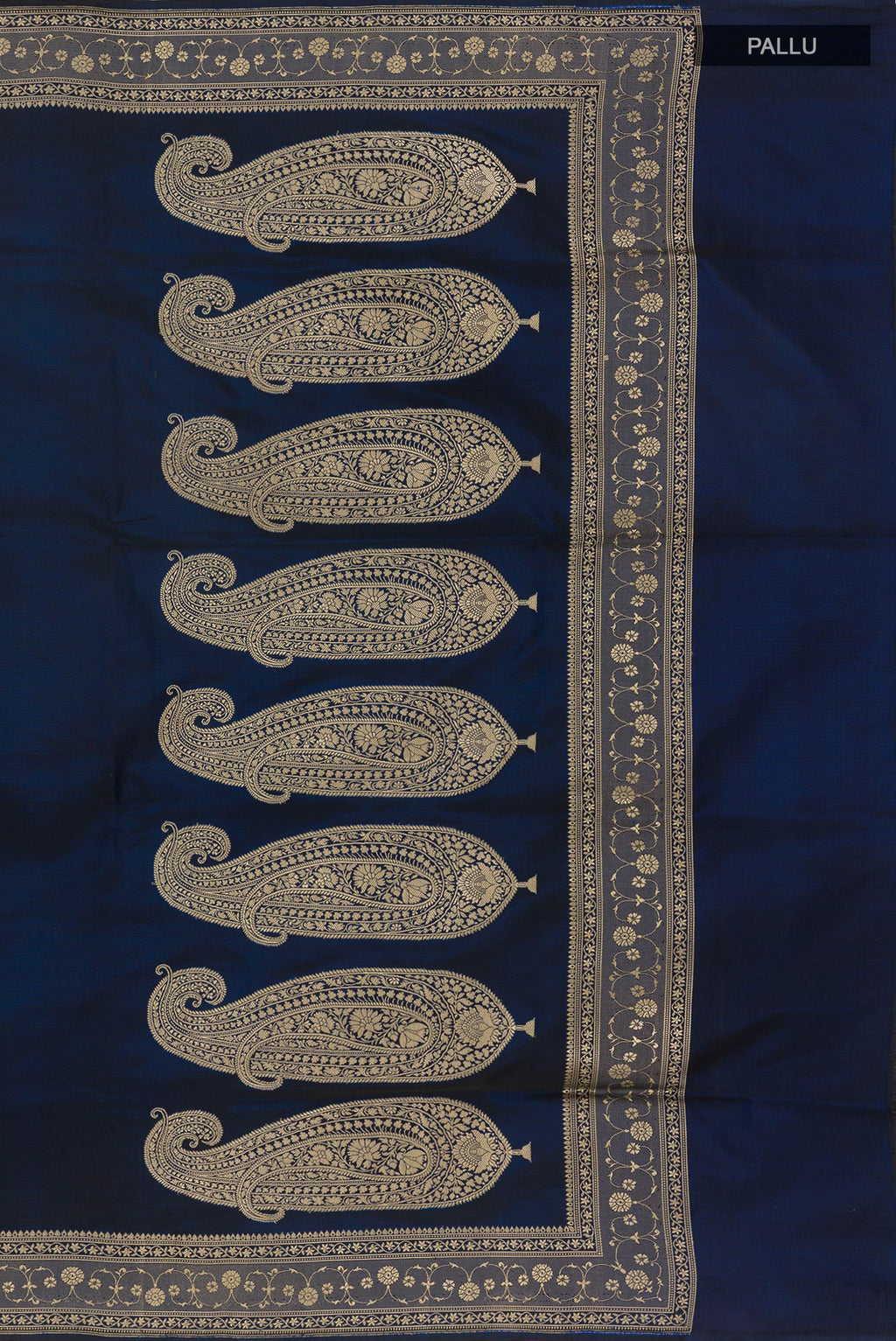 Close up image of the pallu of Dark Blue Banarasi Silk Saree with Plain Body and Zari Border. 