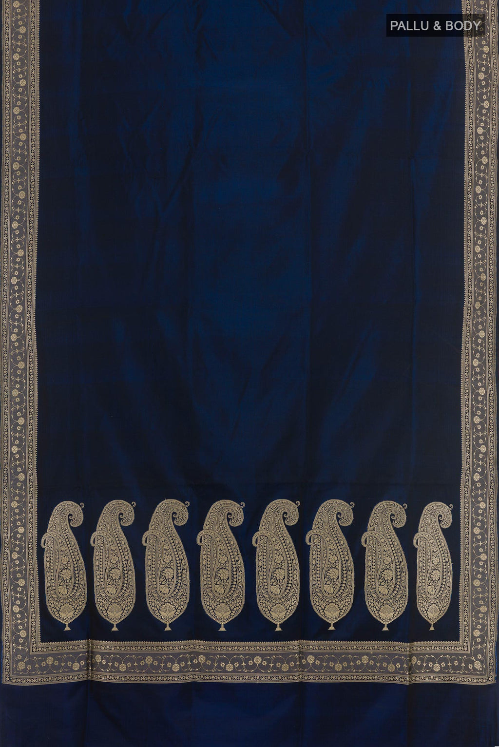 Flat view of Dark Blue Banarasi Silk Saree with Plain Body and Zari Border. 