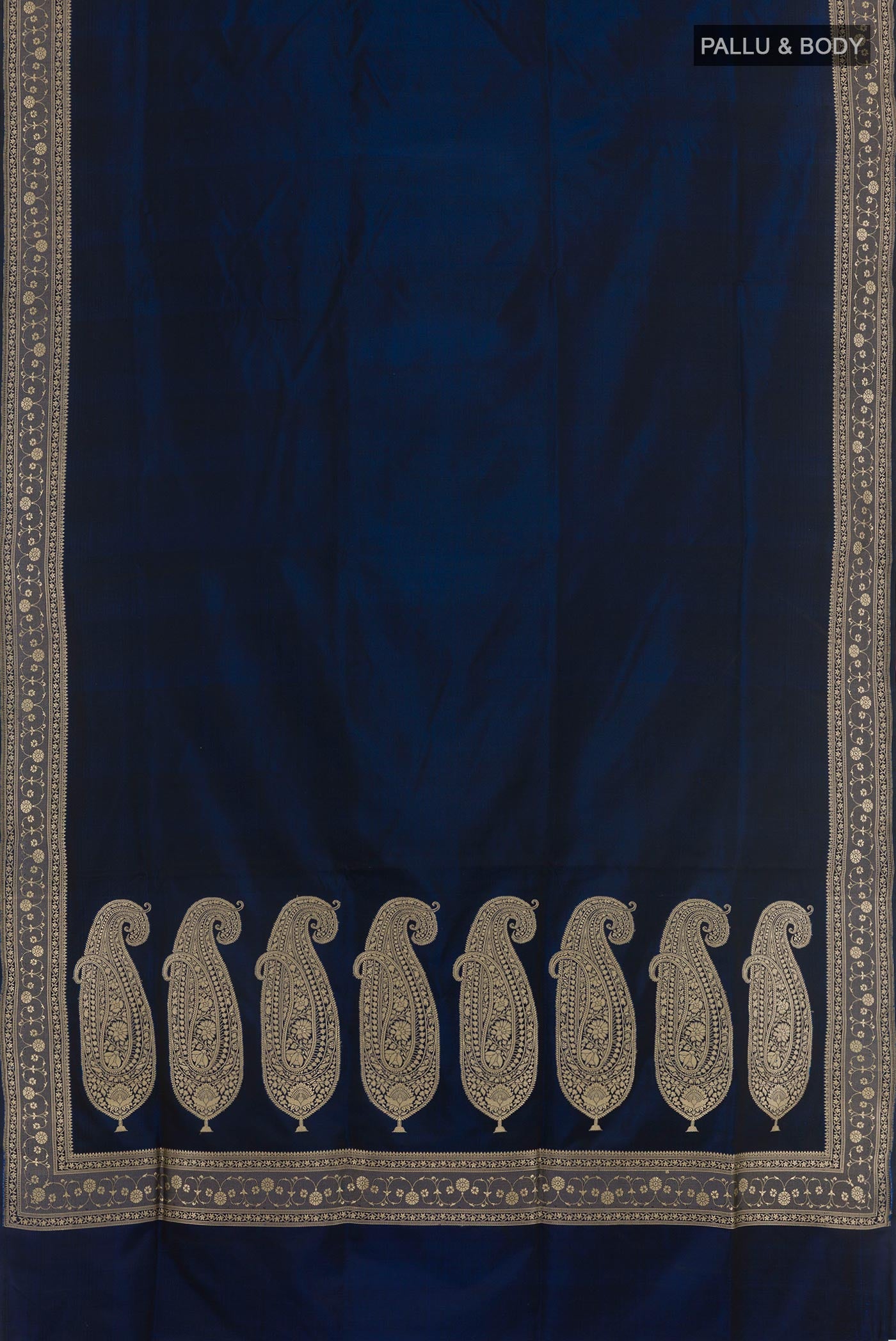 Flat view of Dark Blue Banarasi Silk Saree with Plain Body and Zari Border. 