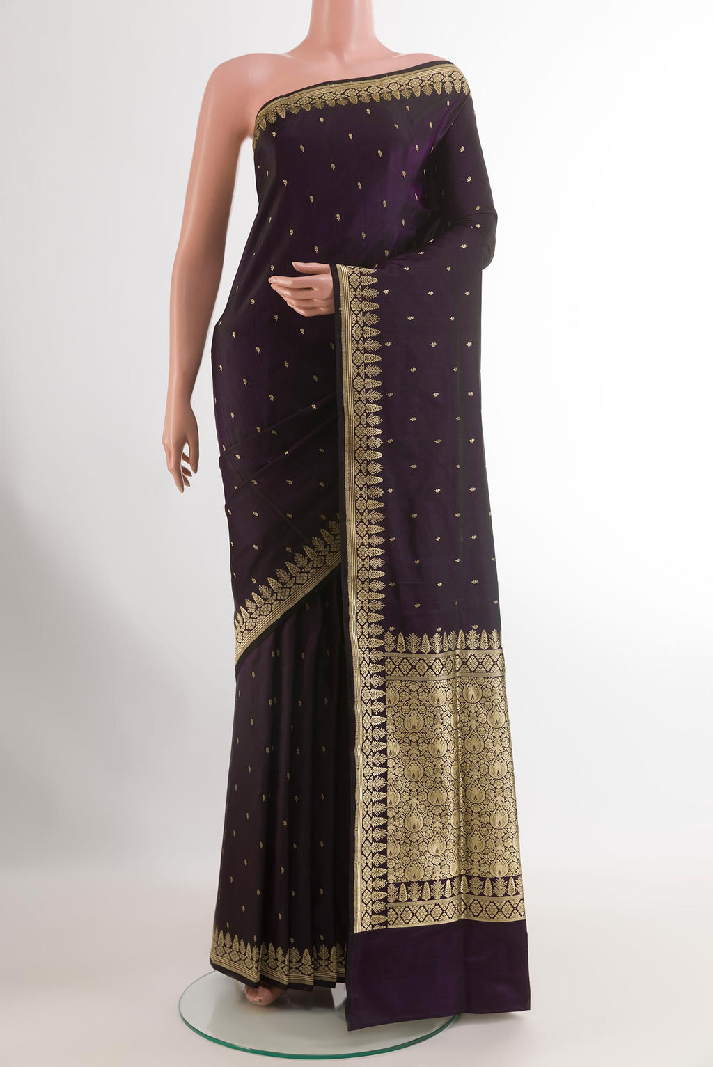 Dark Blue Banarasi Silk Saree with Zari Butta on the body and Zari Border.  displayed on a mannequin