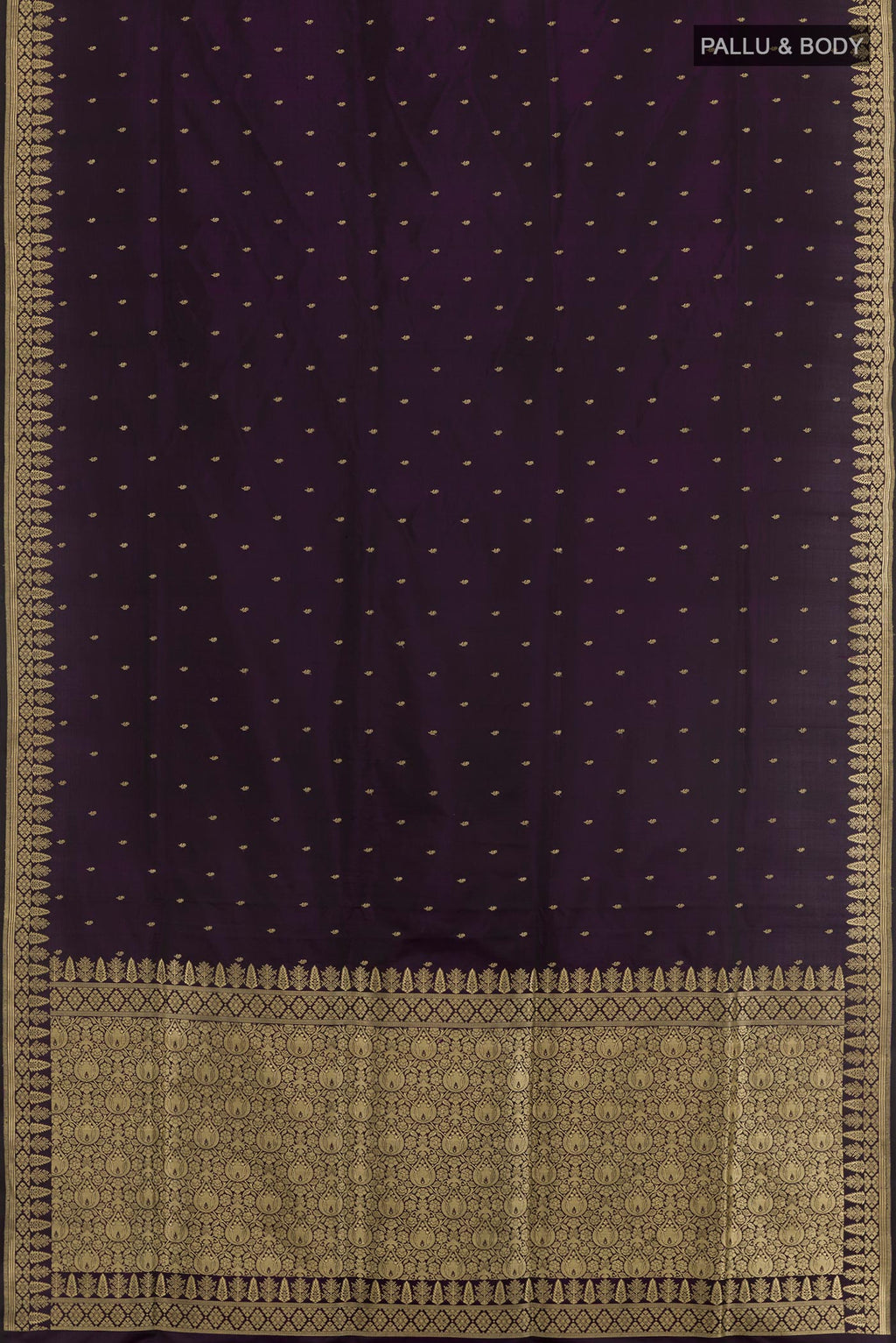 Flat view of Dark Blue Banarasi Silk Saree with Zari Butta on the body and Zari Border. 