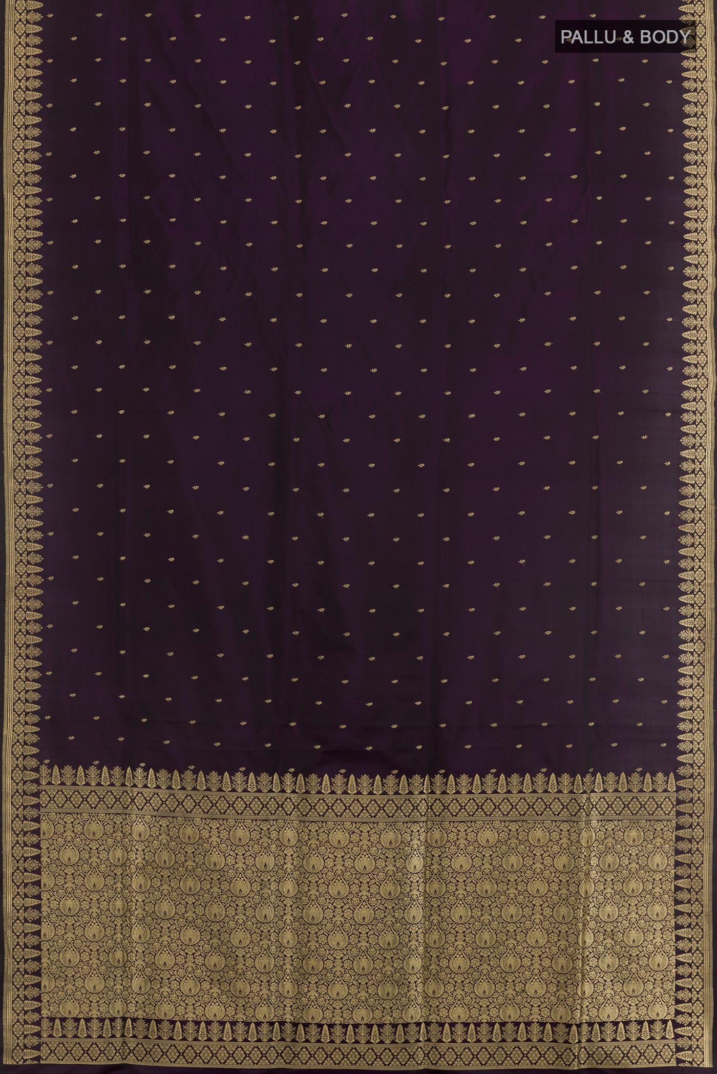 Flat view of Dark Blue Banarasi Silk Saree with Zari Butta on the body and Zari Border. 