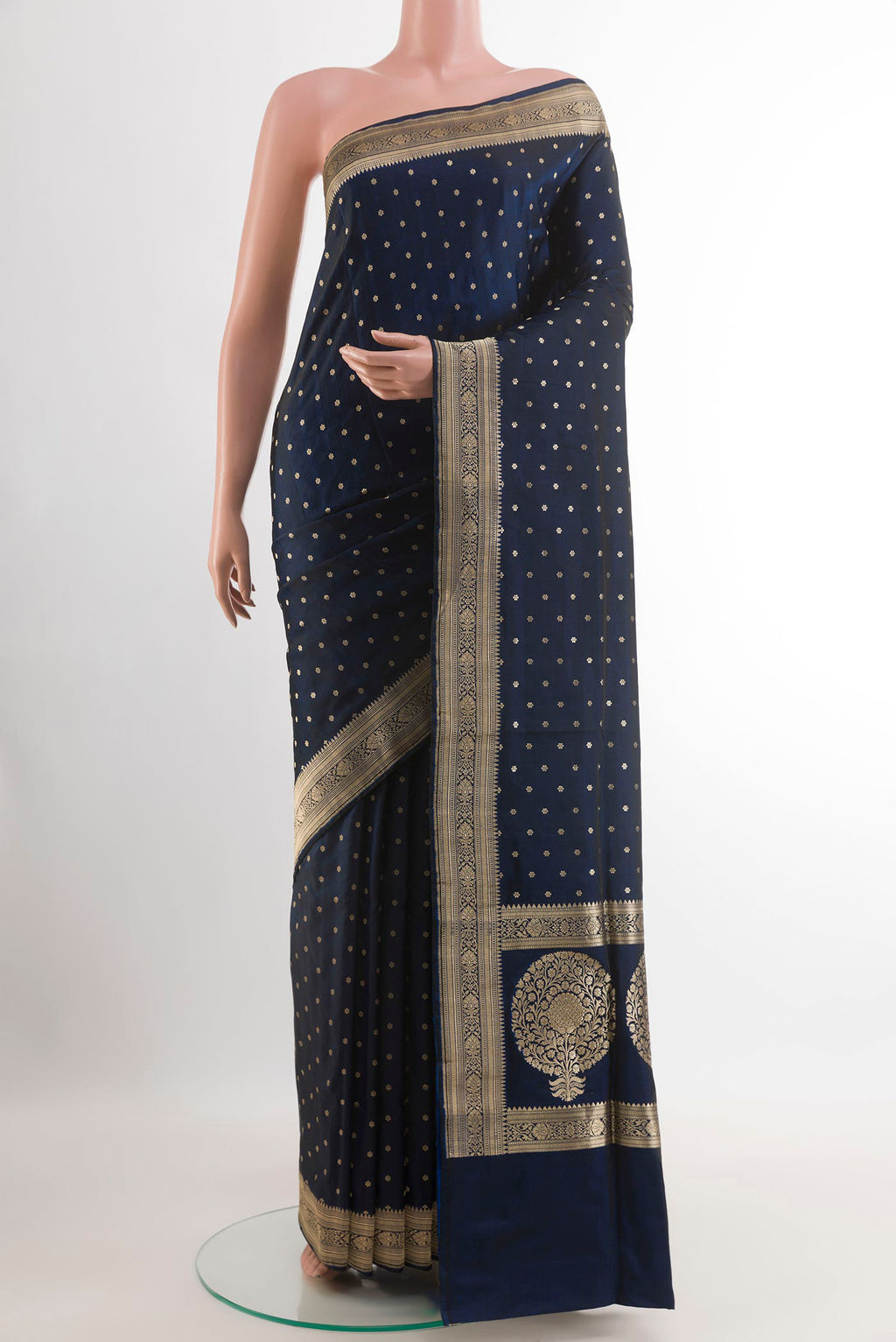 Blue Banarasi Silk Saree with Zari Butta on the body and Zari Border.  displayed on a mannequin