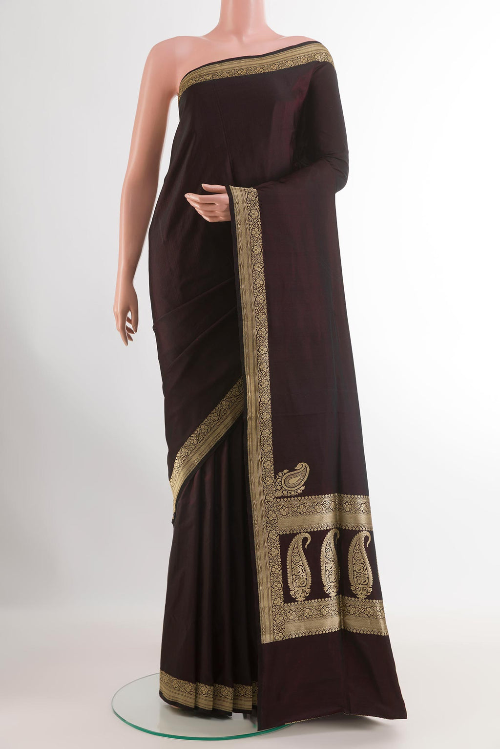 Black Banarasi Silk Saree with Plain Body and Zari Border.  displayed on a mannequin