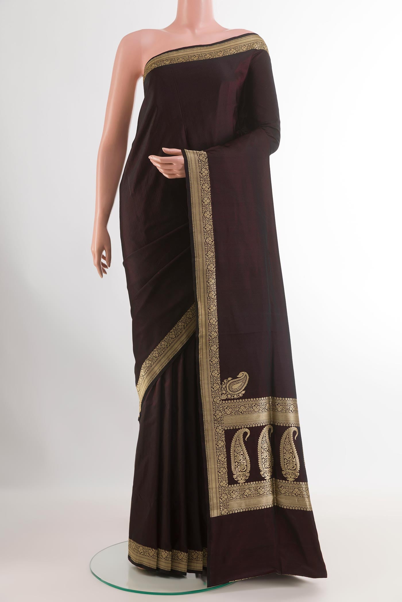 Black Banarasi Silk Saree with Plain Body and Zari Border.  displayed on a mannequin