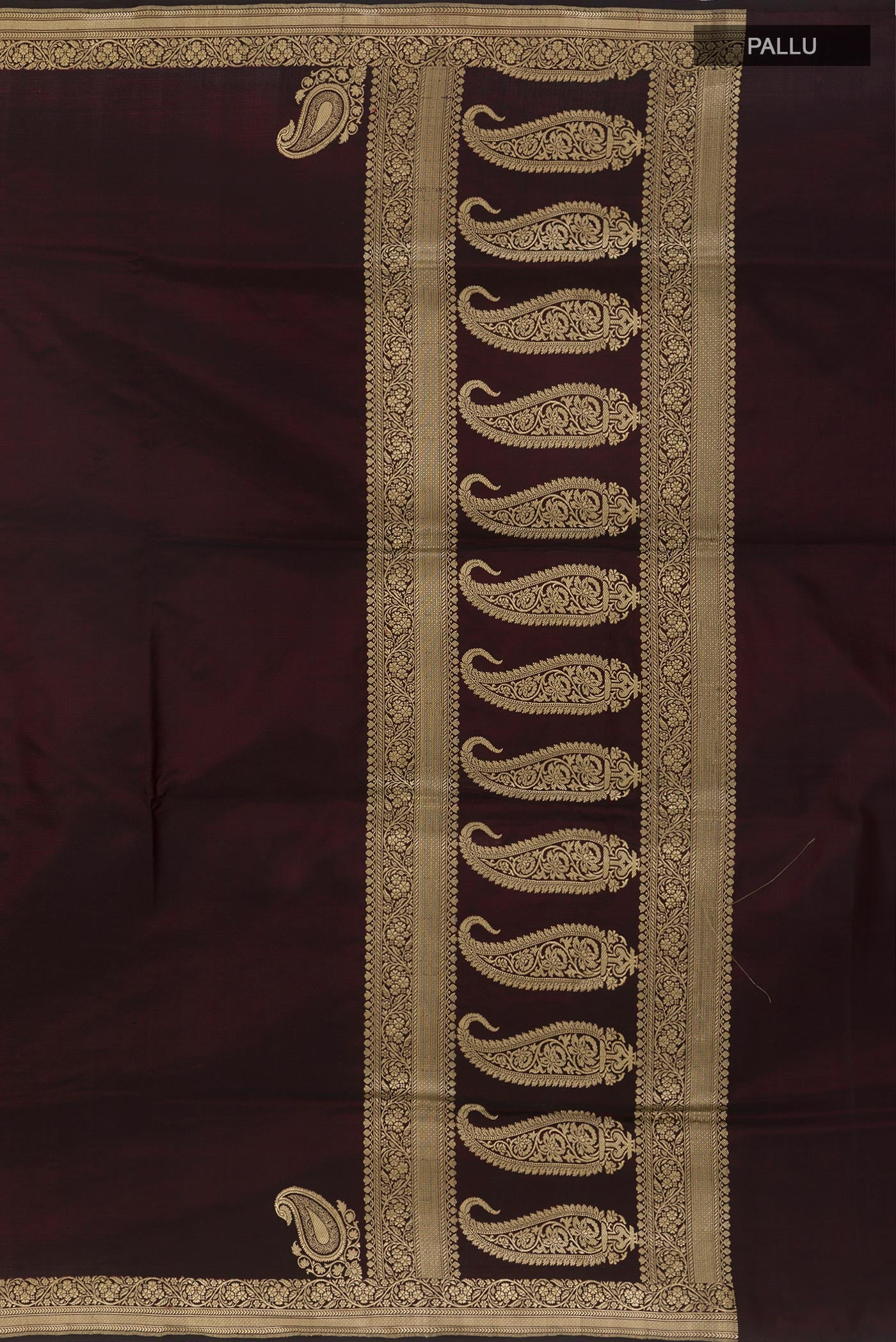 Close up image of the pallu of Black Banarasi Silk Saree with Plain Body and Zari Border. 