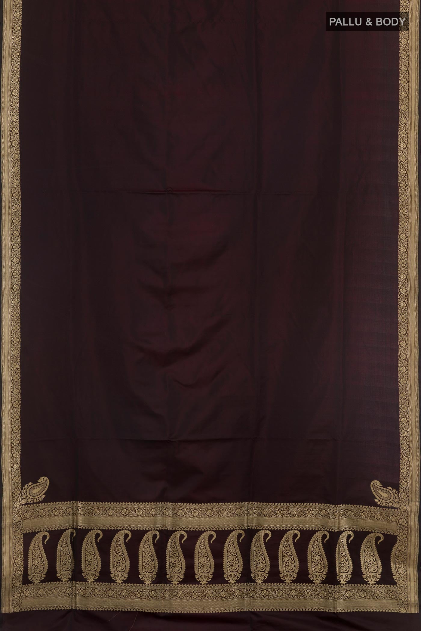 Flat view of Black Banarasi Silk Saree with Plain Body and Zari Border. 