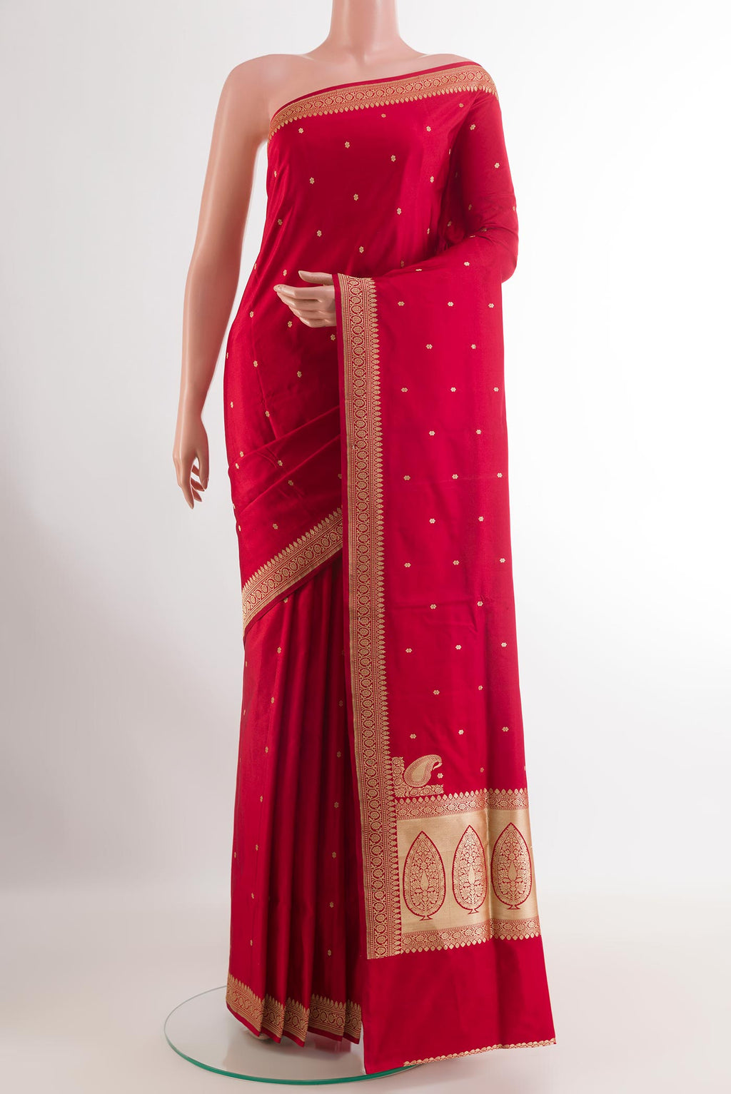 Red Banarasi Silk Saree with Zari Butta on the body and Zari Border.  displayed on a mannequin