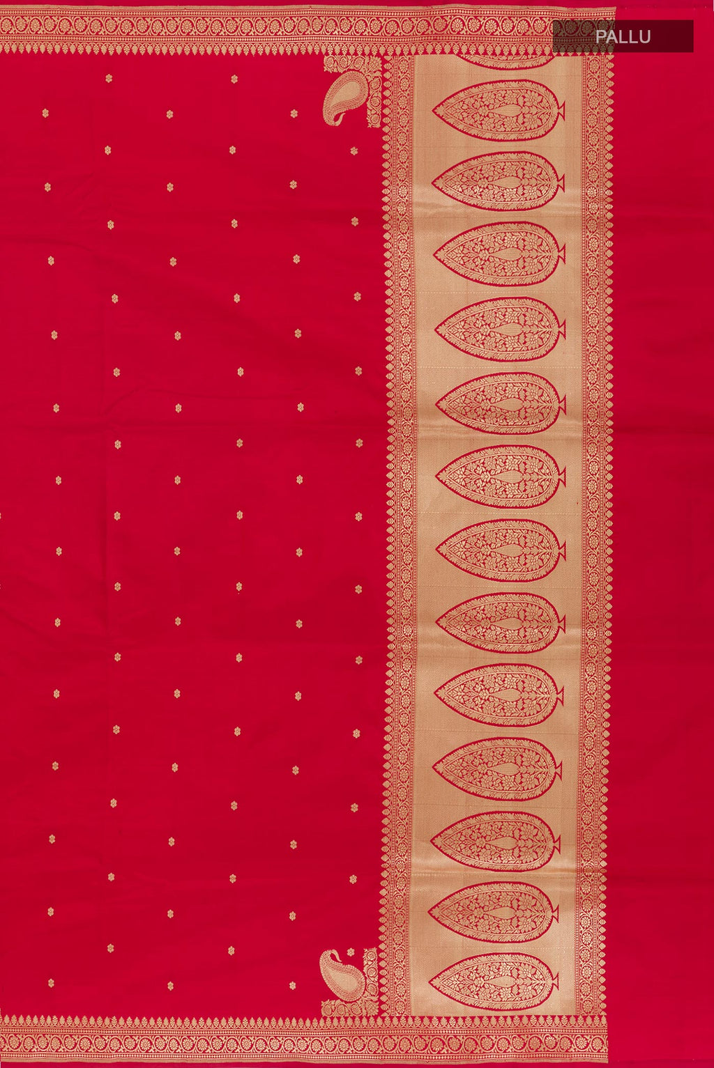 Close up image of the pallu of Red Banarasi Silk Saree with Zari Butta on the body and Zari Border. 