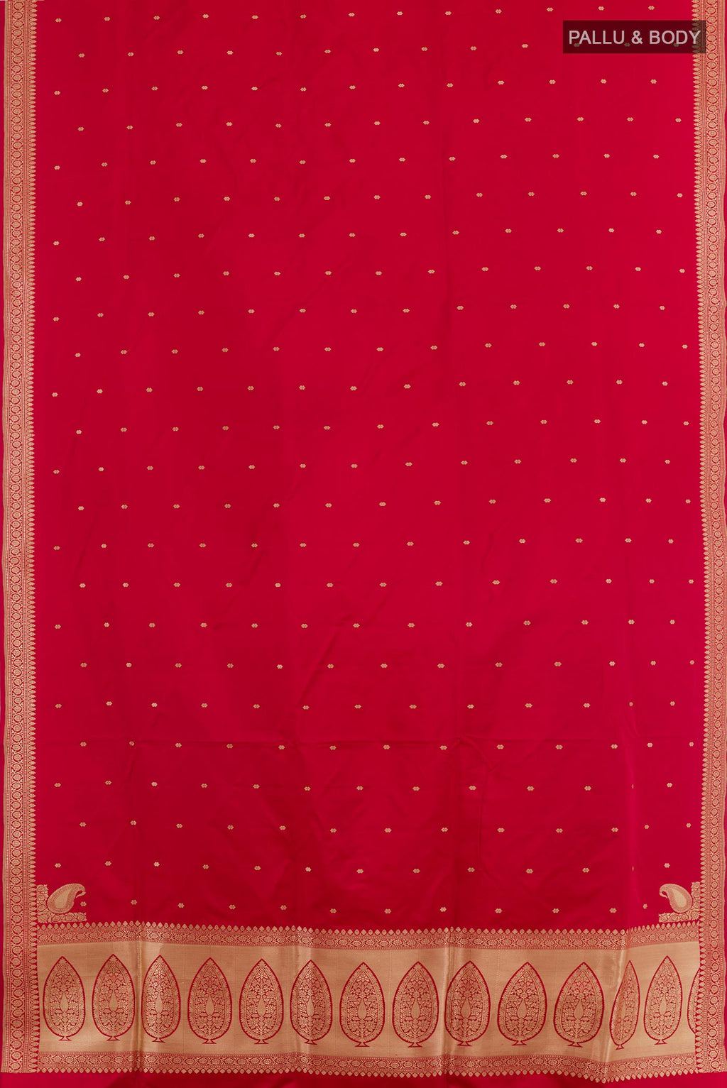 Flat view of Red Banarasi Silk Saree with Zari Butta on the body and Zari Border. 