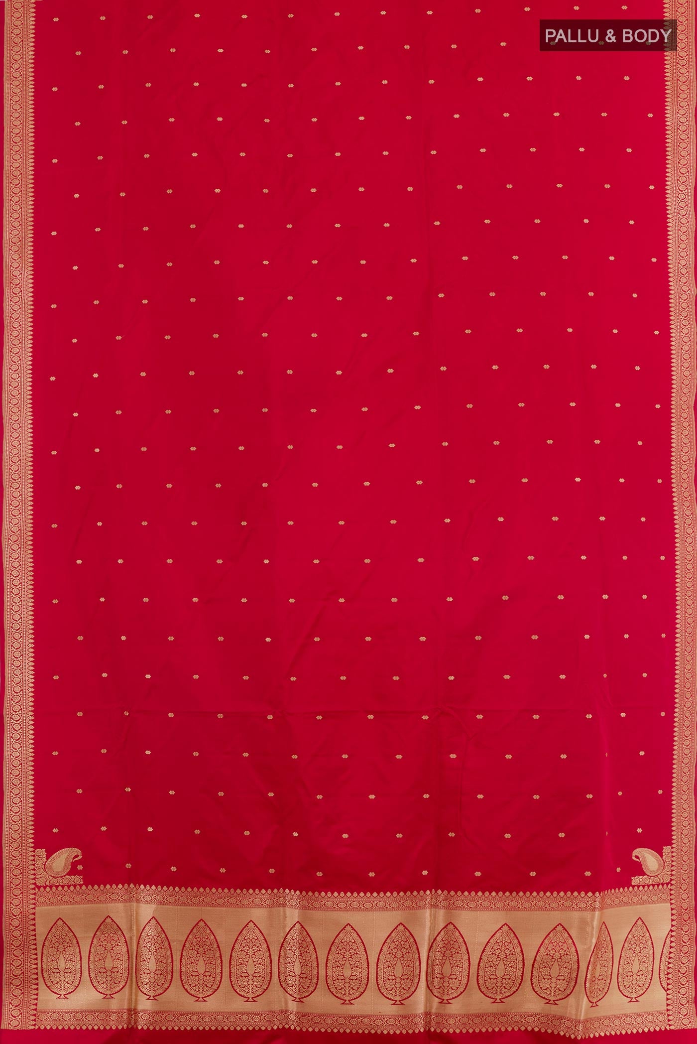 Flat view of Red Banarasi Silk Saree with Zari Butta on the body and Zari Border. 