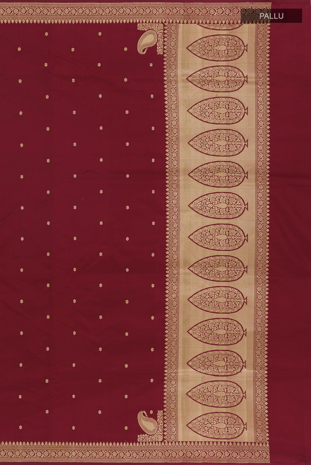Close up image of the pallu of Maroon Banarasi Silk Saree with Zari Butta on the body and Zari Border. 