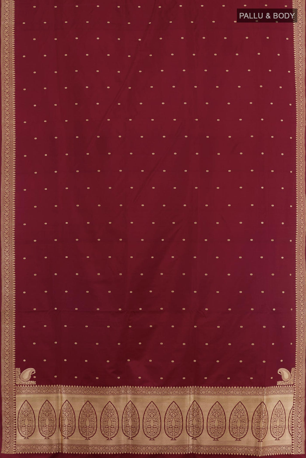 Flat view of Maroon Banarasi Silk Saree with Zari Butta on the body and Zari Border. 