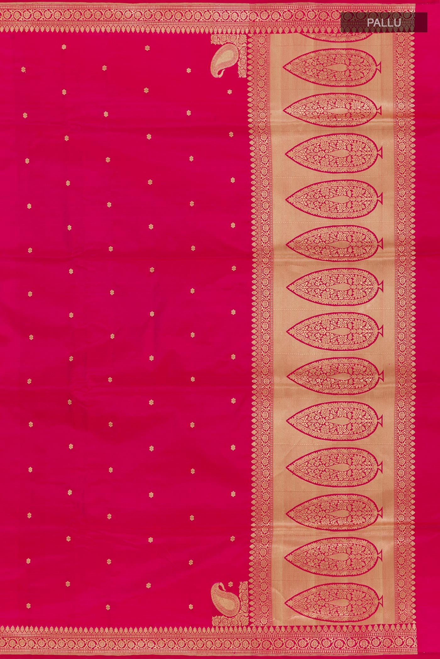 Close up image of the pallu of Pink Banarasi Silk Saree with Zari Butta on the body and Zari Border. 
