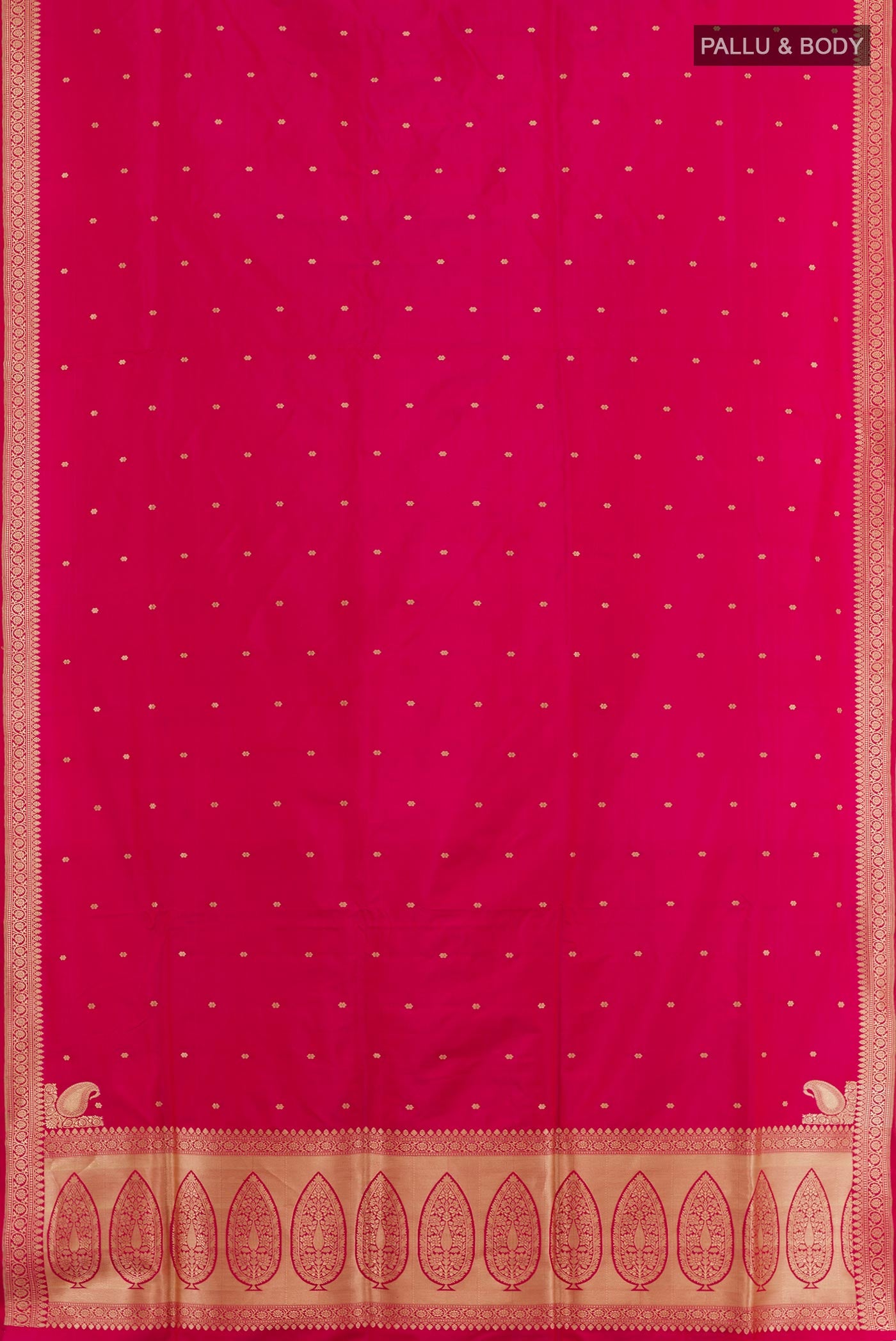 Flat view of Pink Banarasi Silk Saree with Zari Butta on the body and Zari Border. 