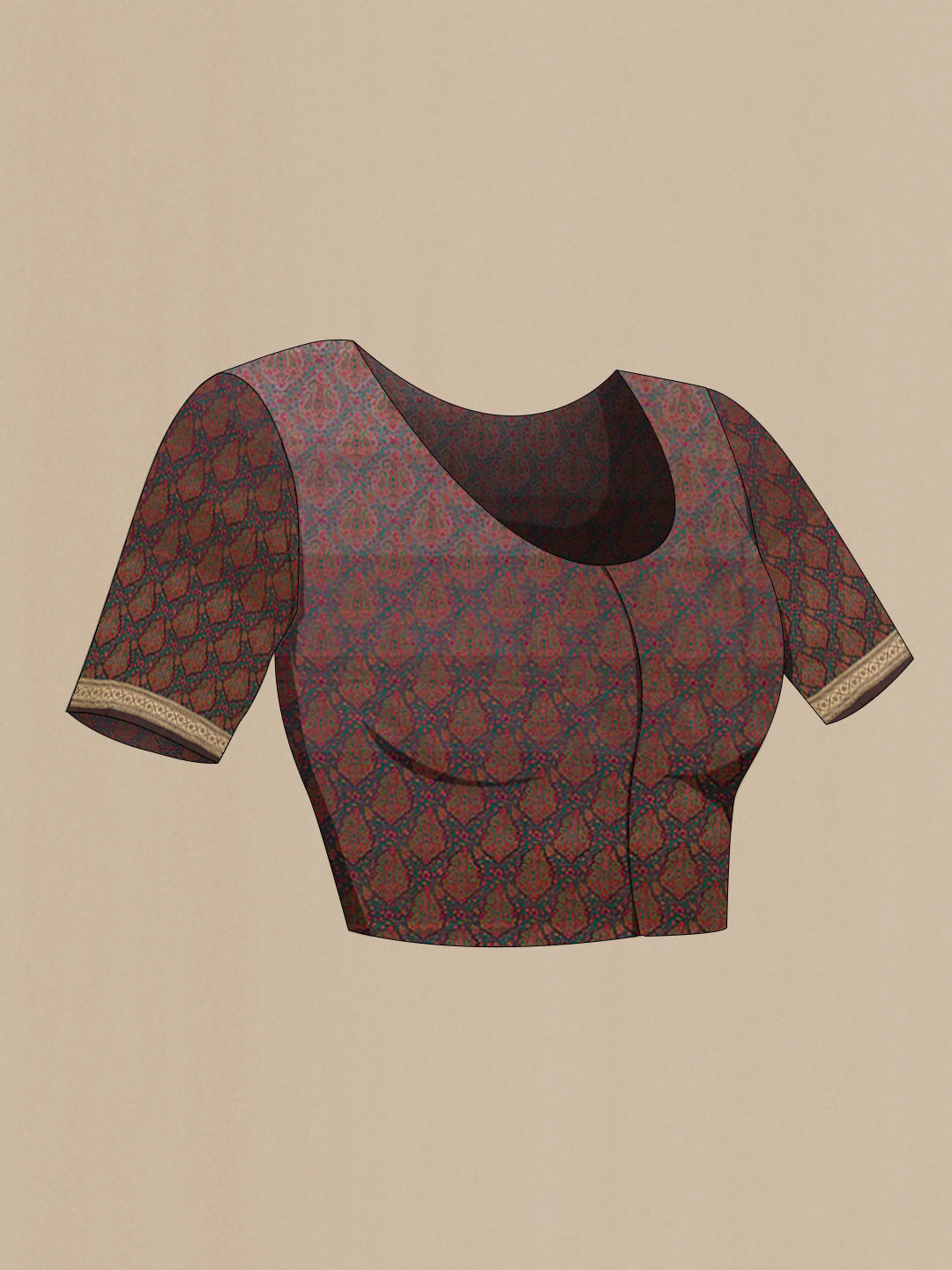 Close up image of the blouse of Multi Color Banarasi Silk Saree with Stripes on the body and Zari Border. 