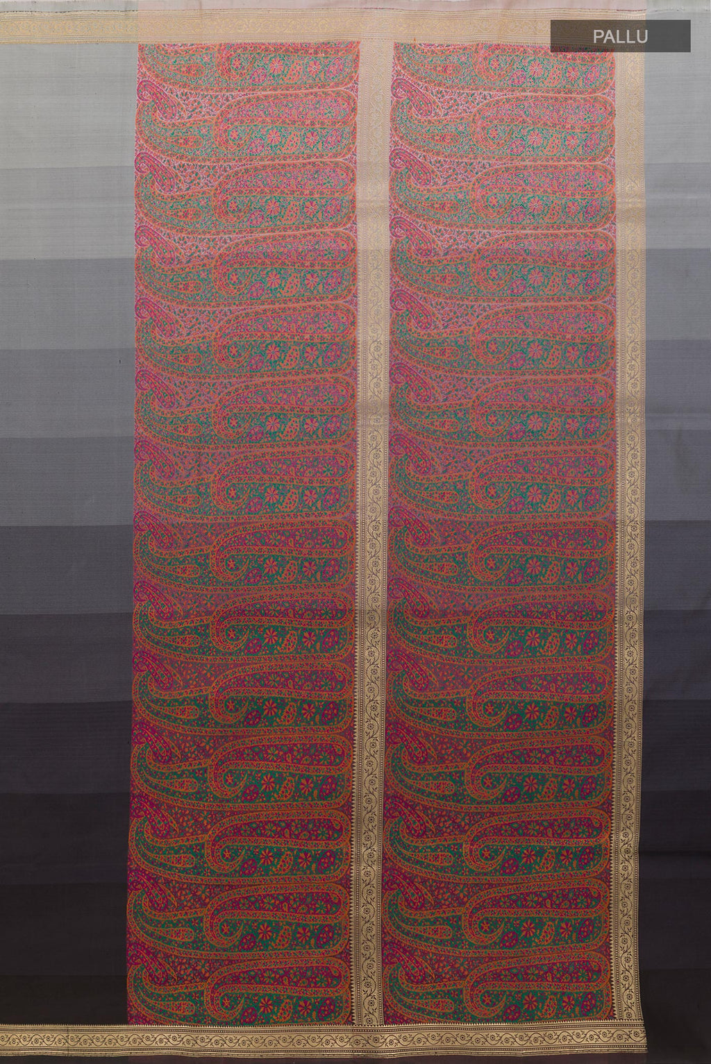 Close up image of the pallu of Multi Color Banarasi Silk Saree with Stripes on the body and Zari Border. 