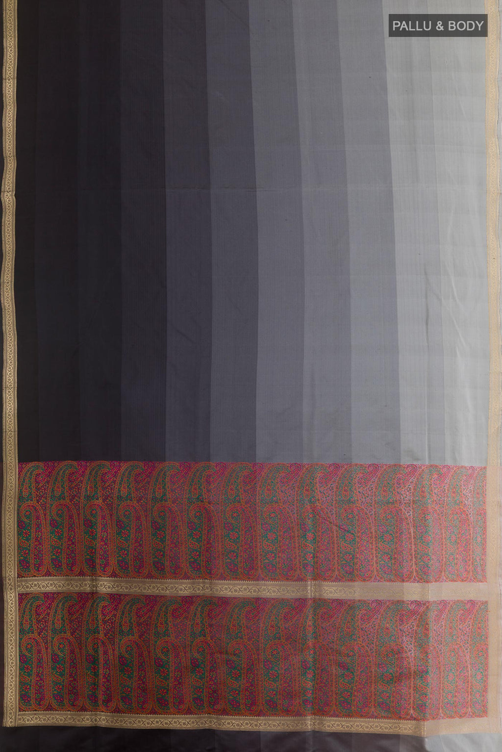 Flat view of Multi Color Banarasi Silk Saree with Stripes on the body and Zari Border. 