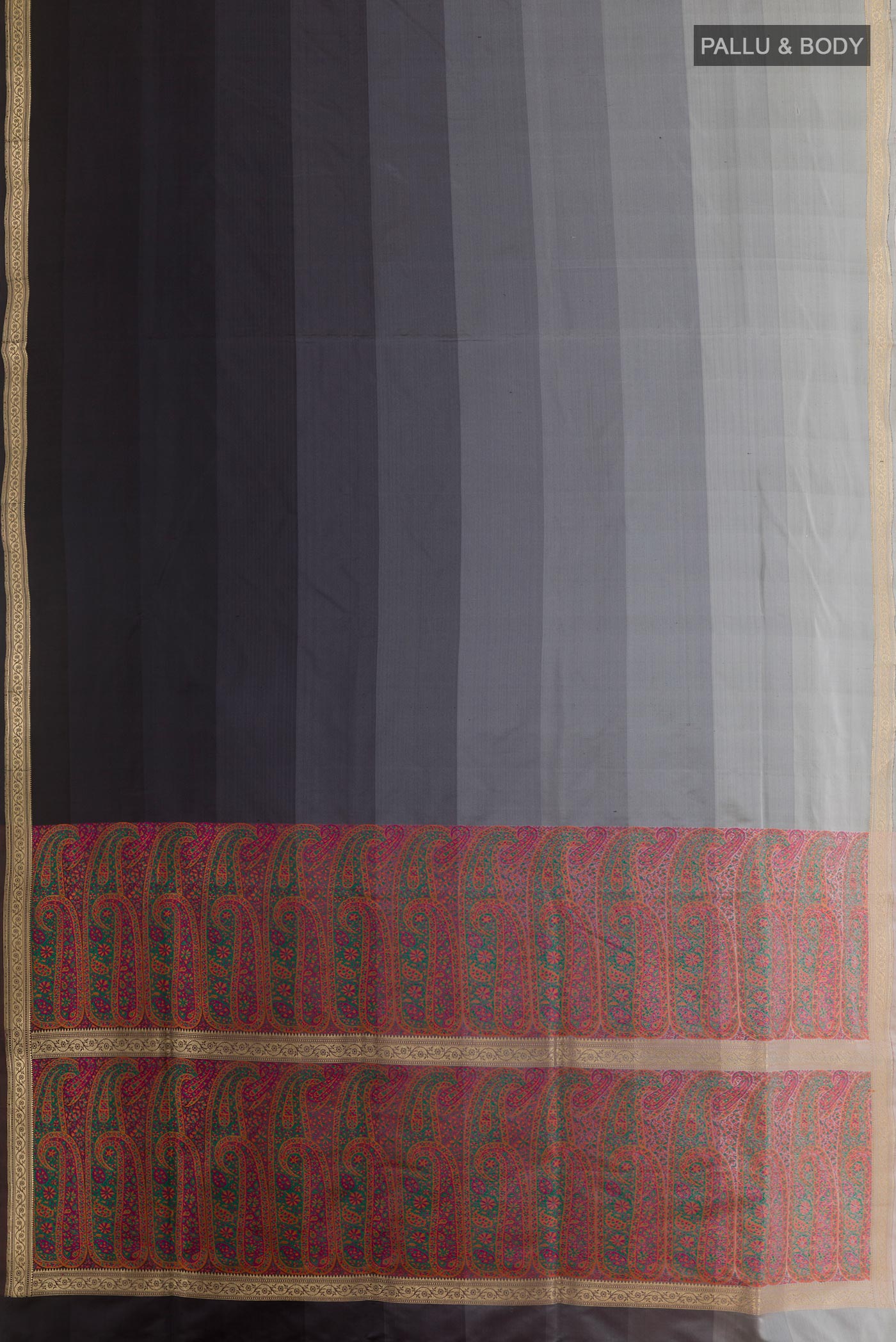 Flat view of Multi Color Banarasi Silk Saree with Stripes on the body and Zari Border. 