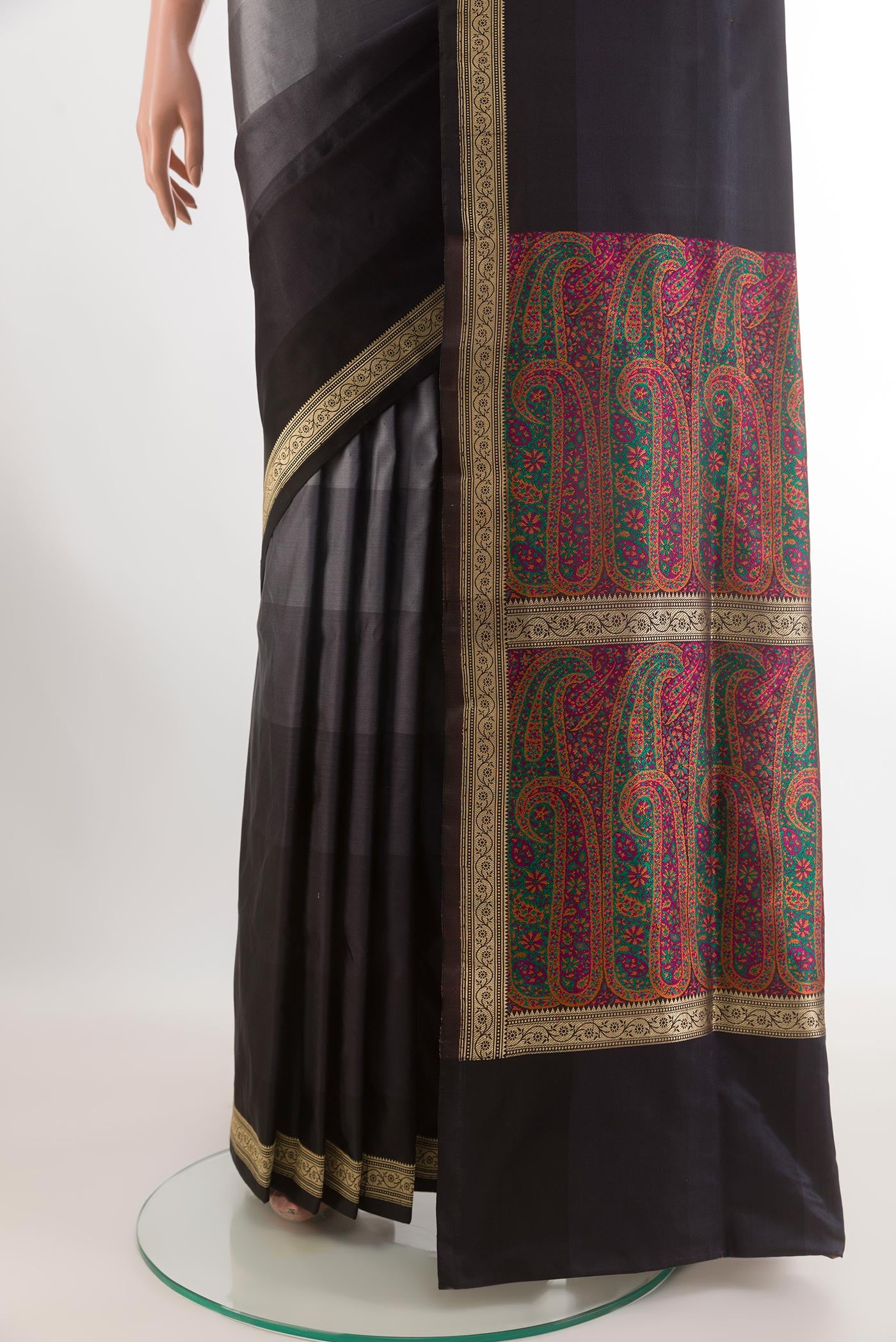 Pleats and pallu of Multi Color Banarasi Silk Saree with Stripes on the body and Zari Border. 