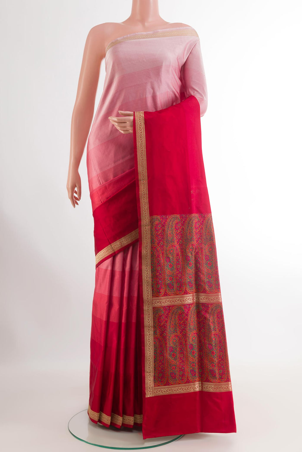 Multi Color Banarasi Silk Saree with Stripes on the body and Zari Border.  displayed on a mannequin