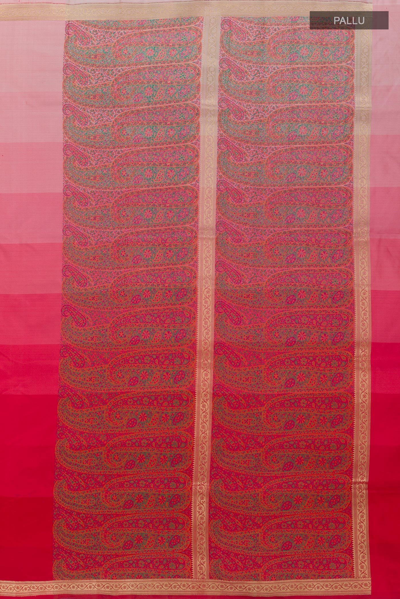 Close up image of the pallu of Multi Color Banarasi Silk Saree with Stripes on the body and Zari Border. 