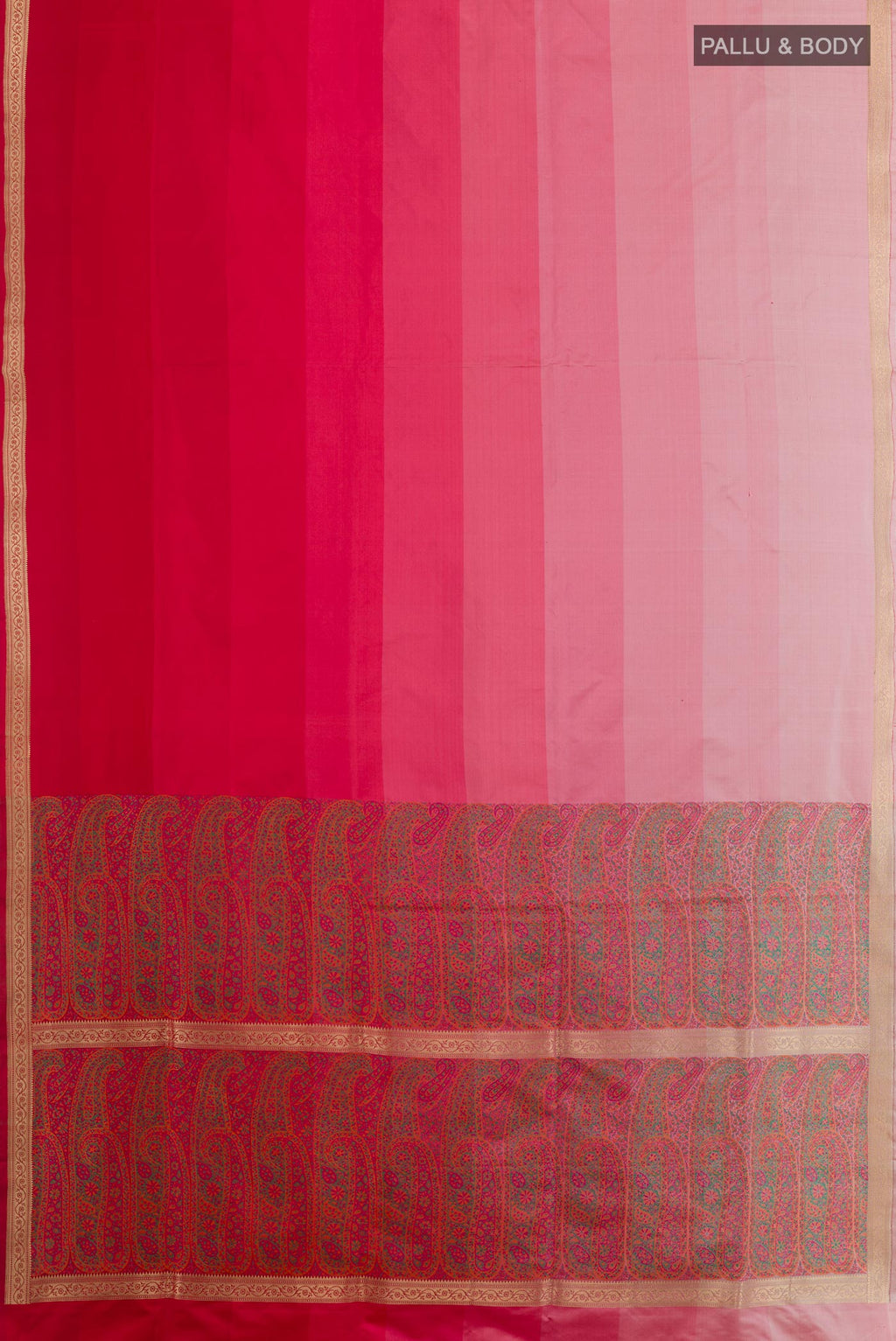 Flat view of Multi Color Banarasi Silk Saree with Stripes on the body and Zari Border. 