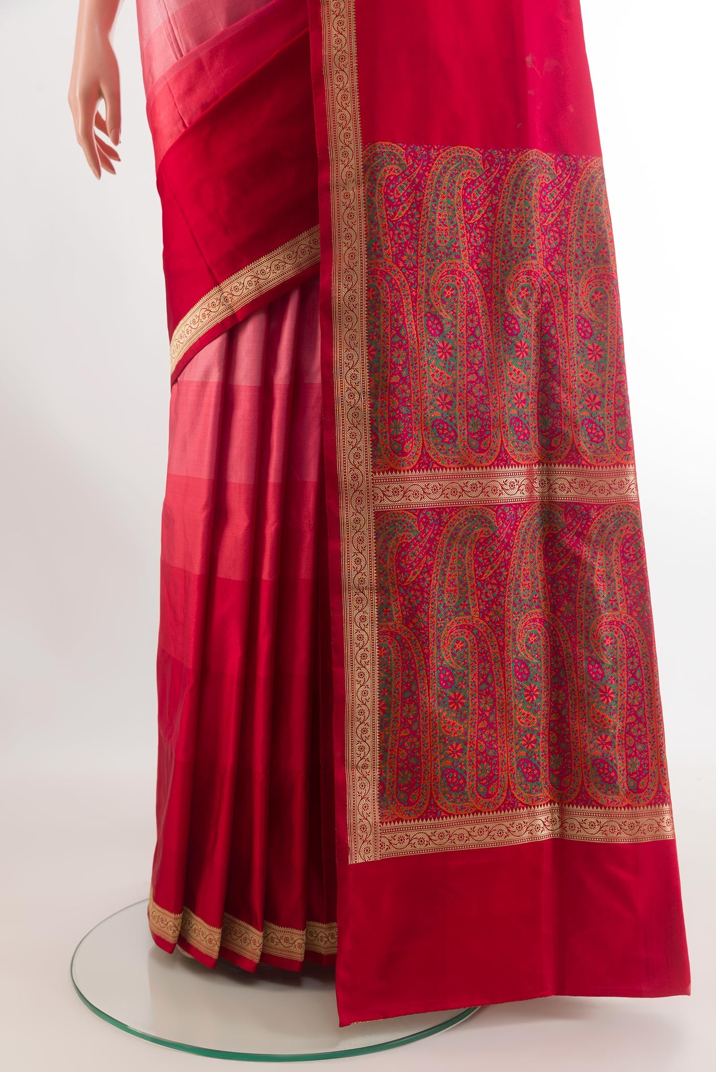 Pleats and pallu of Multi Color Banarasi Silk Saree with Stripes on the body and Zari Border. 