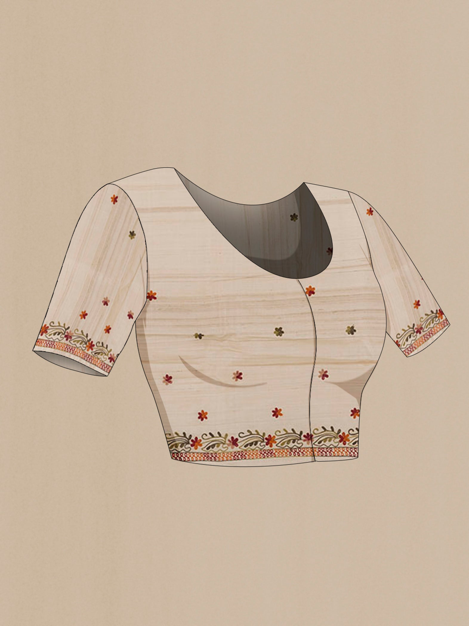 Close up image of the blouse of Off White Tussar Saree with Embroidery on the body and Embroidery Border. 