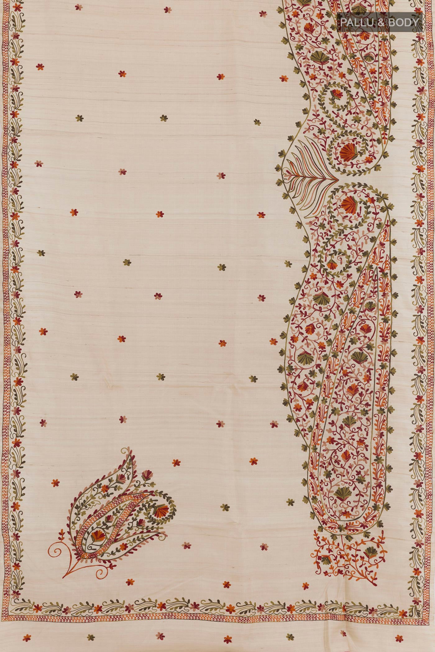 Flat view of Off White Tussar Saree with Embroidery on the body and Embroidery Border. 