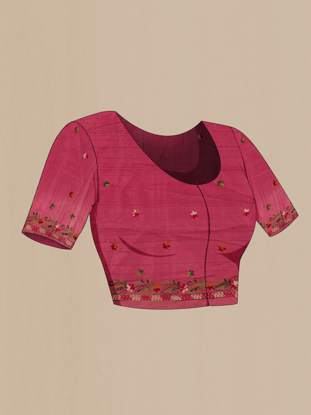 Close up image of the blouse of Pink Tussar Saree with Embroidery on the body and Embroidery Border. 