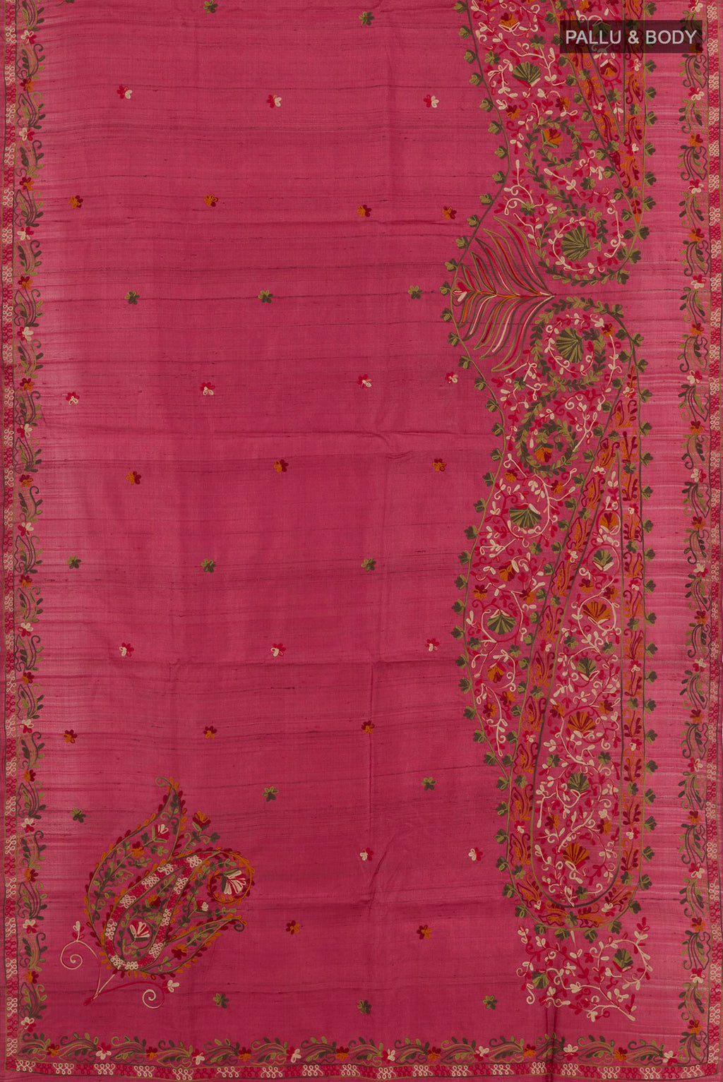 Flat view of Pink Tussar Saree with Embroidery on the body and Embroidery Border. 
