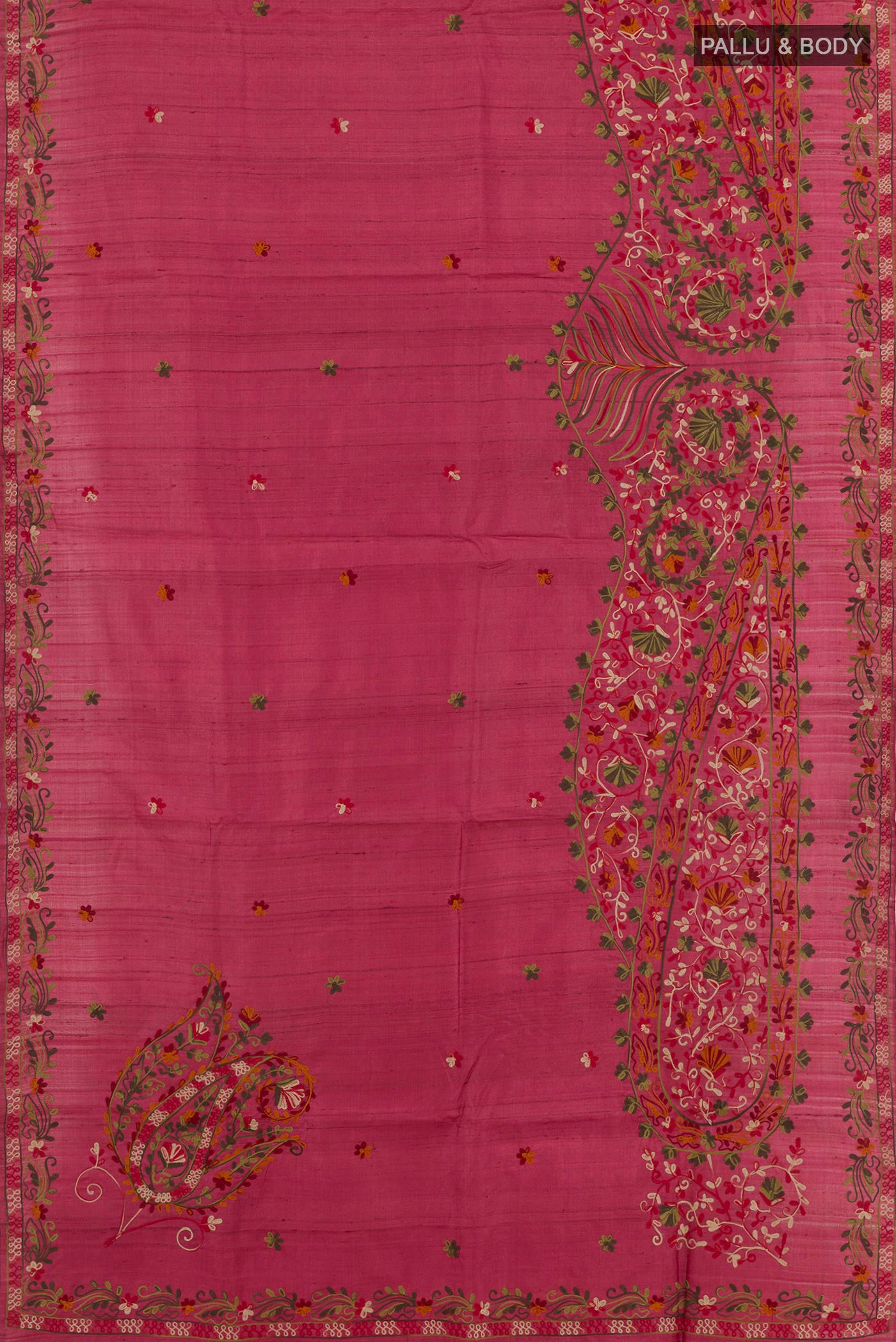 Flat view of Pink Tussar Saree with Embroidery on the body and Embroidery Border. 