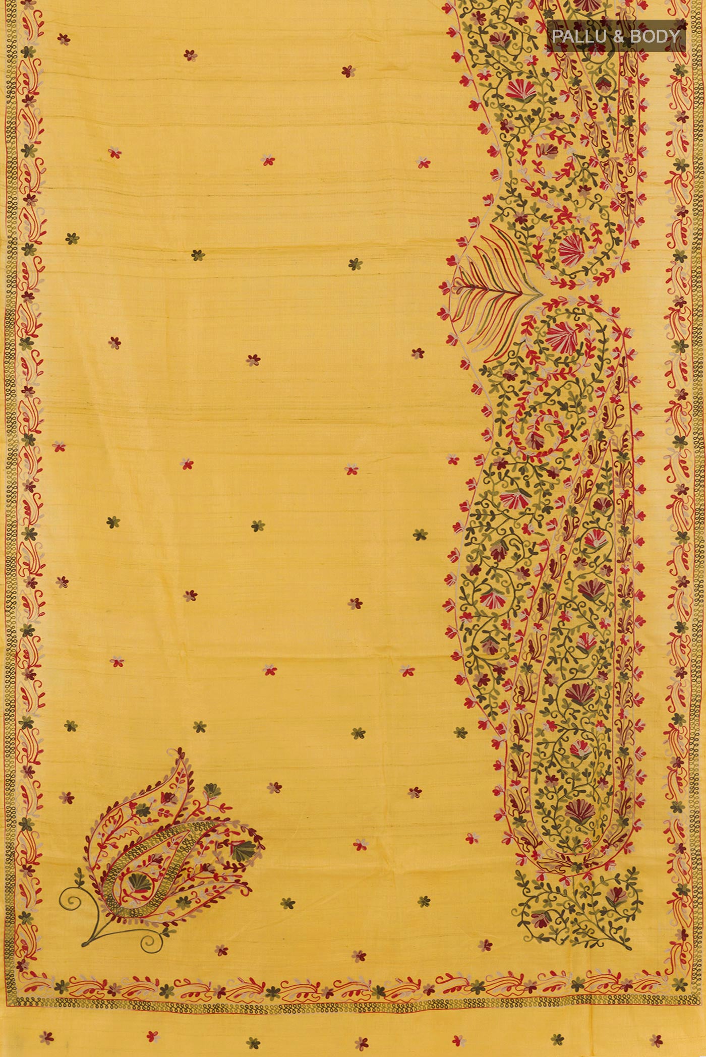 Flat view of Yellow Tussar Saree with Embroidery on the body and Embroidery Border. 