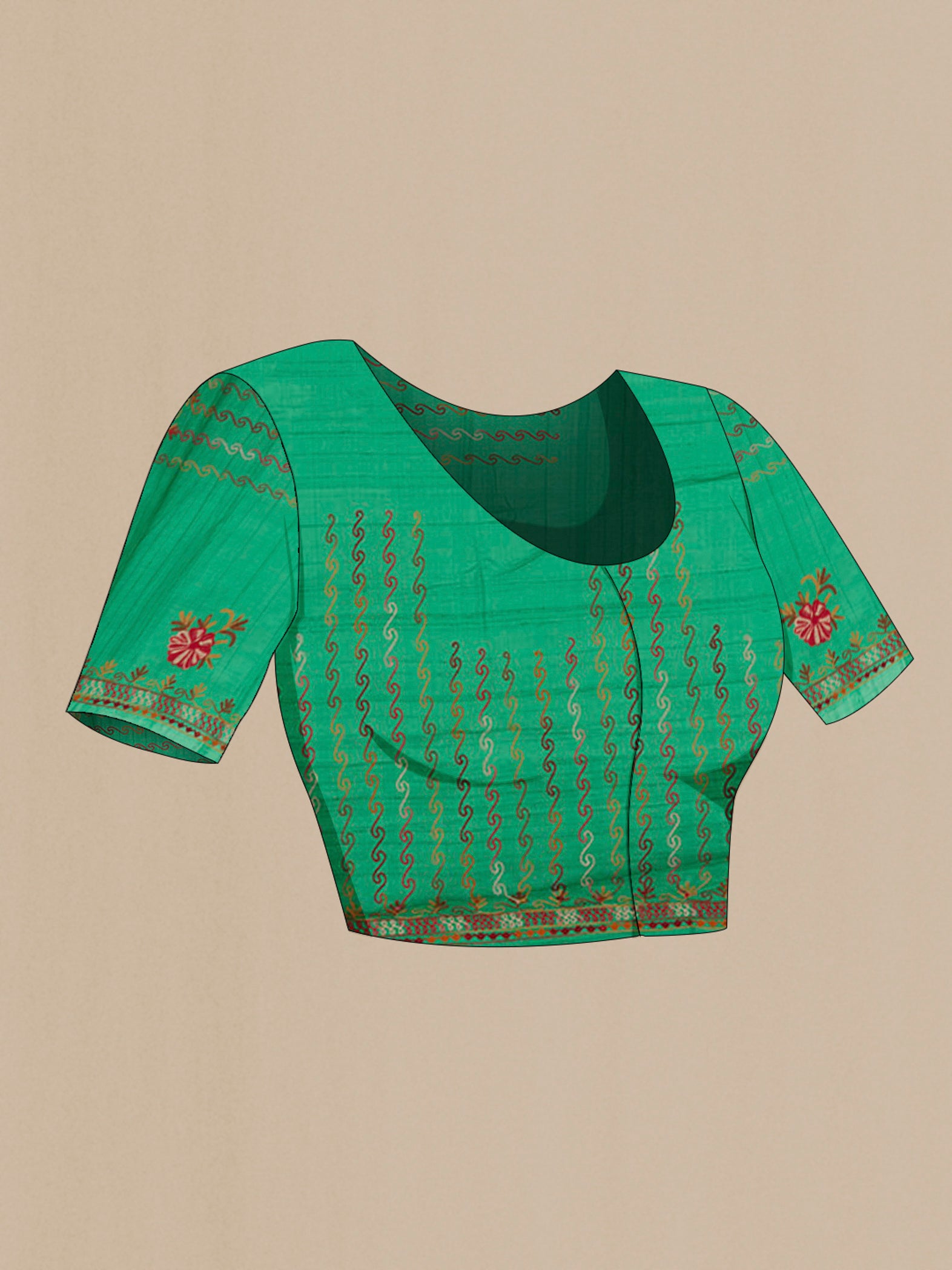 Close up image of the blouse of Green Tussar Saree with Embroidery on the body and Embroidery Border. 