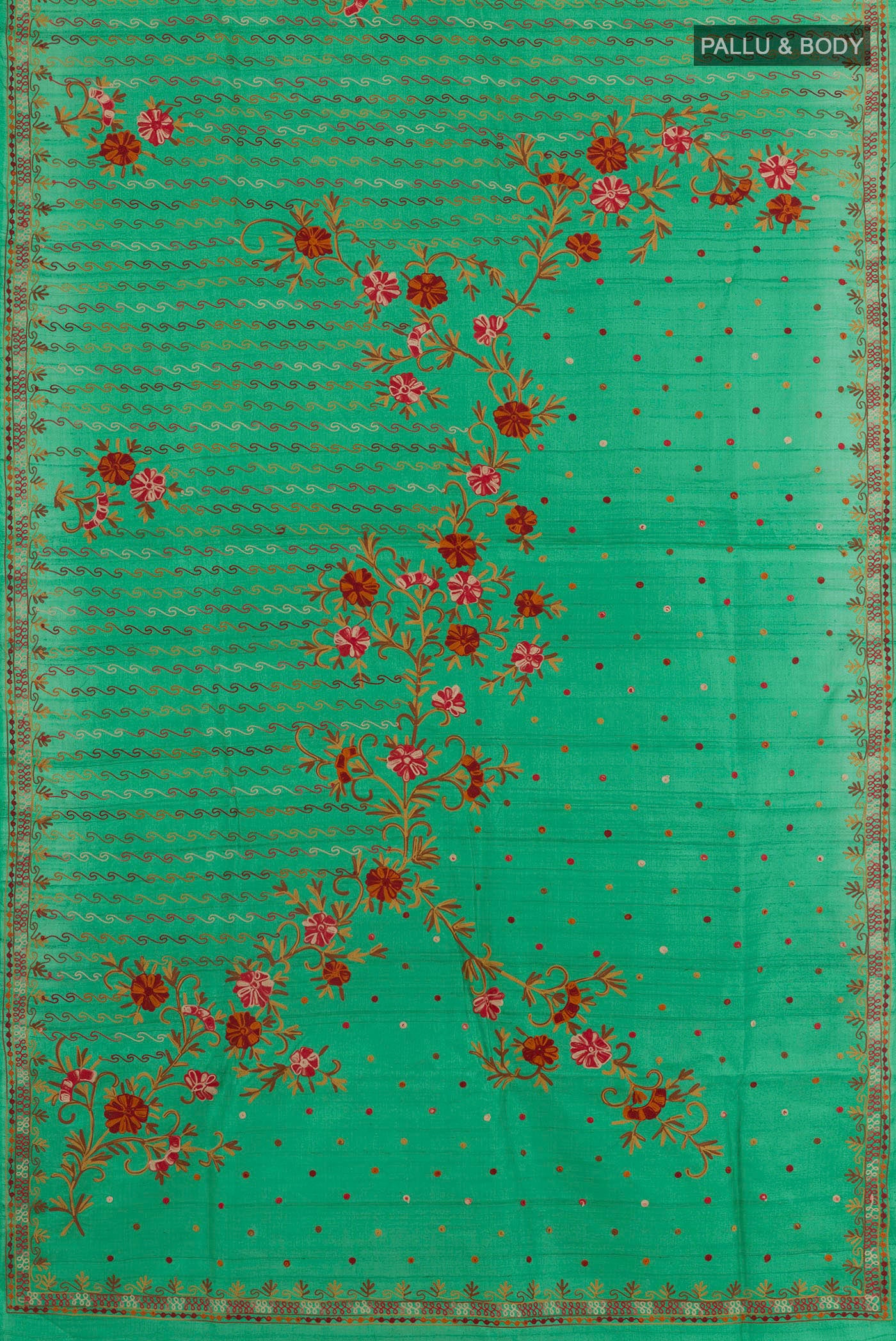 Flat view of Green Tussar Saree with Embroidery on the body and Embroidery Border. 